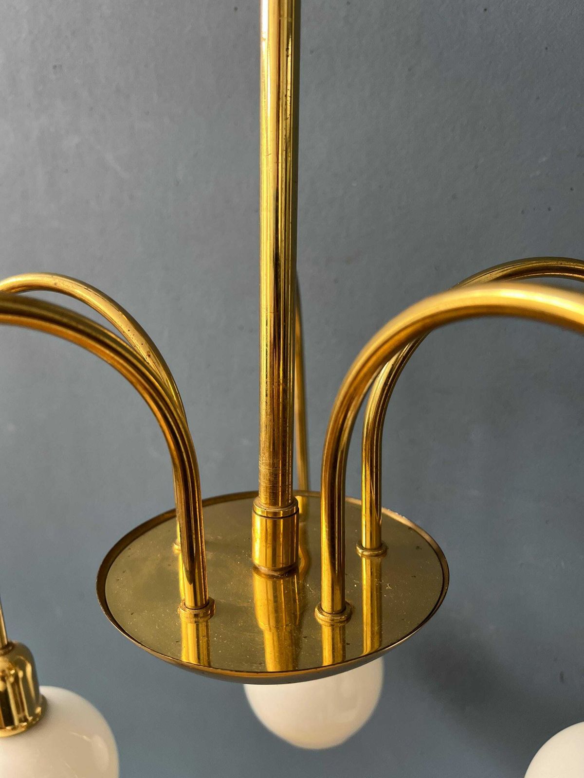 photo furniture Mid Century Gold Brass Opaline Glass Chandelier