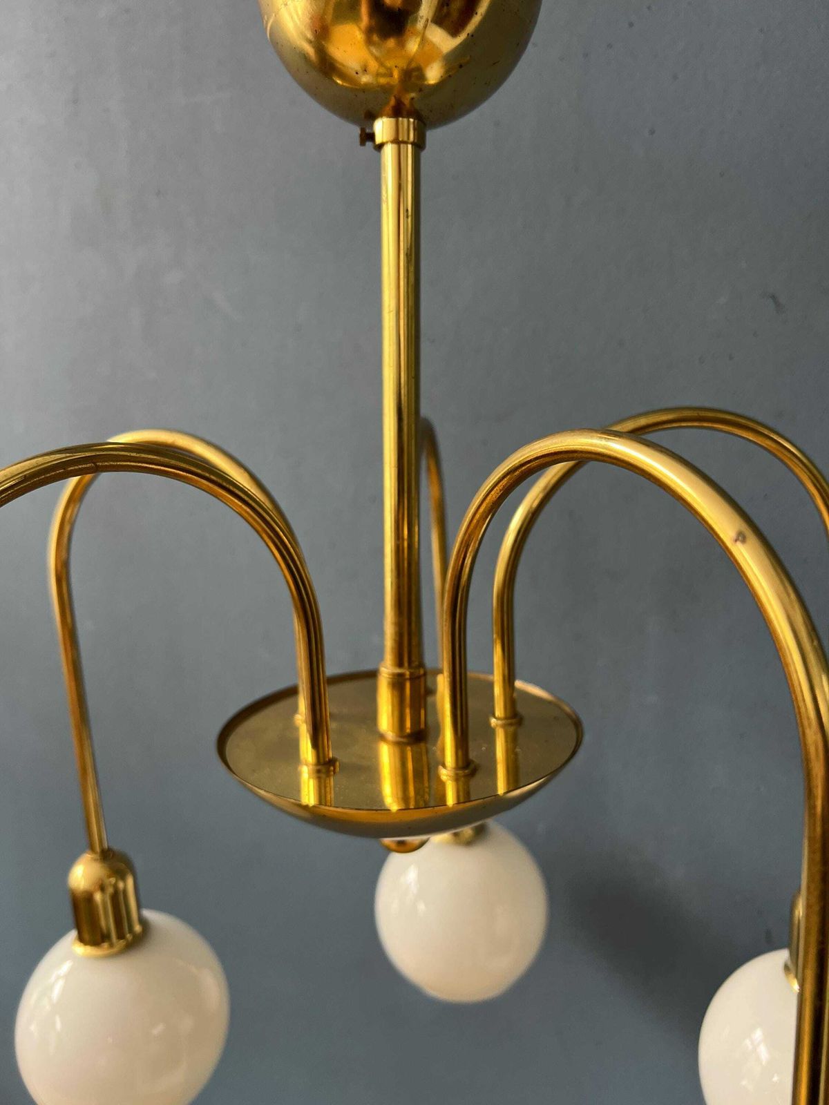 photo for sale Mid Century Gold Brass Opaline Glass Chandelier
