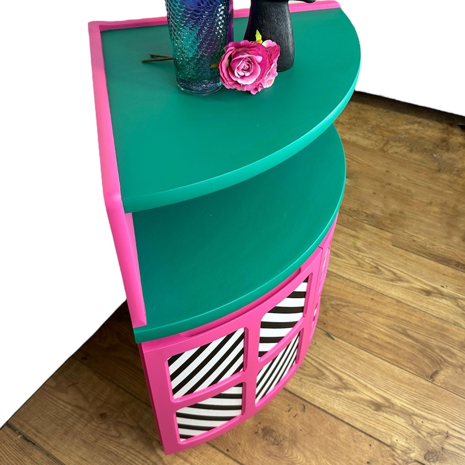 Maximalist Hot Pink And Turquoise Nathan Corner Cabinet With Black And White Geometric Design, Mid Century Modern, Bold, Bright, Statement photo 425.0