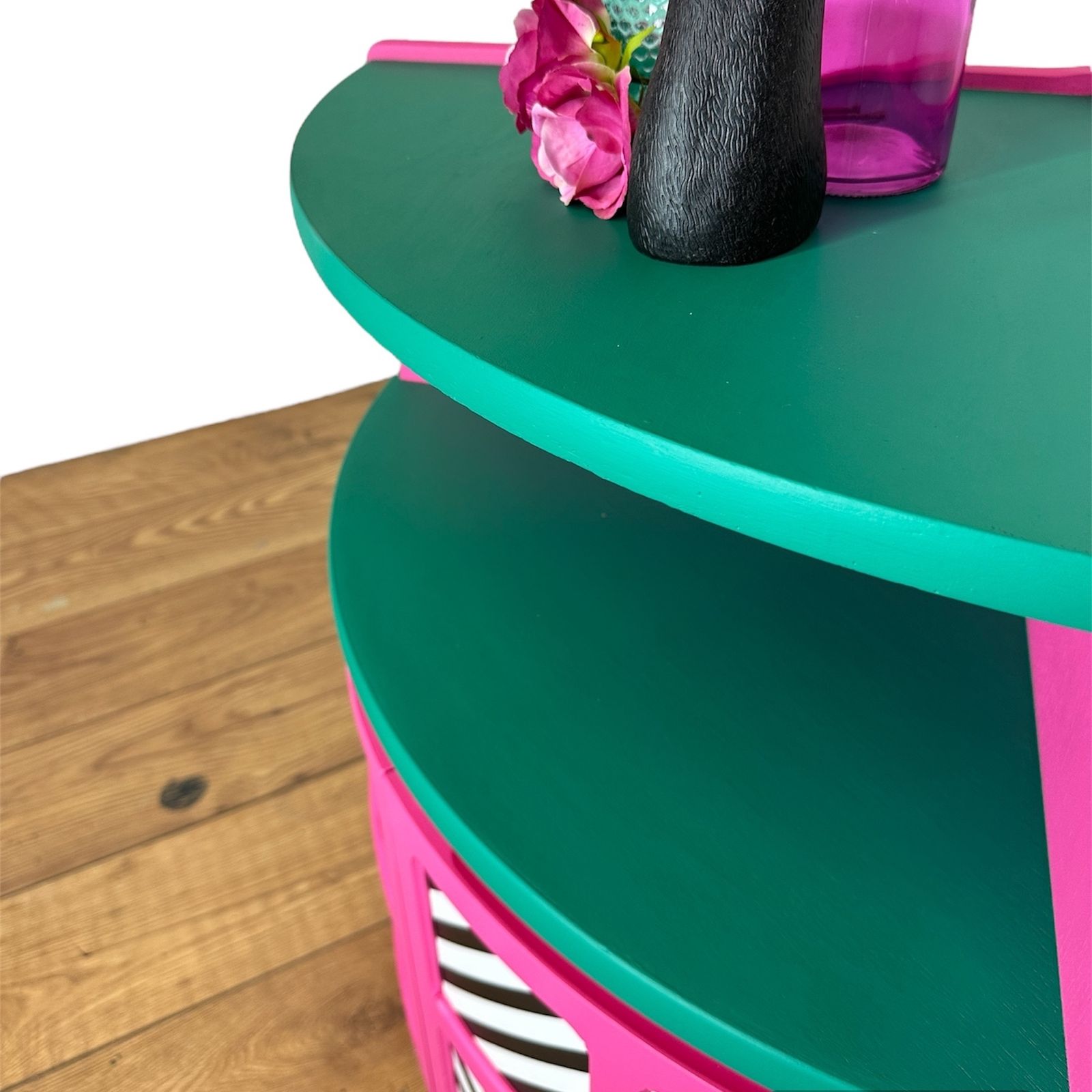 Maximalist Hot Pink And Turquoise Nathan Corner Cabinet With Black And White Geometric Design, Mid Century Modern, Bold, Bright, Statement photo buy