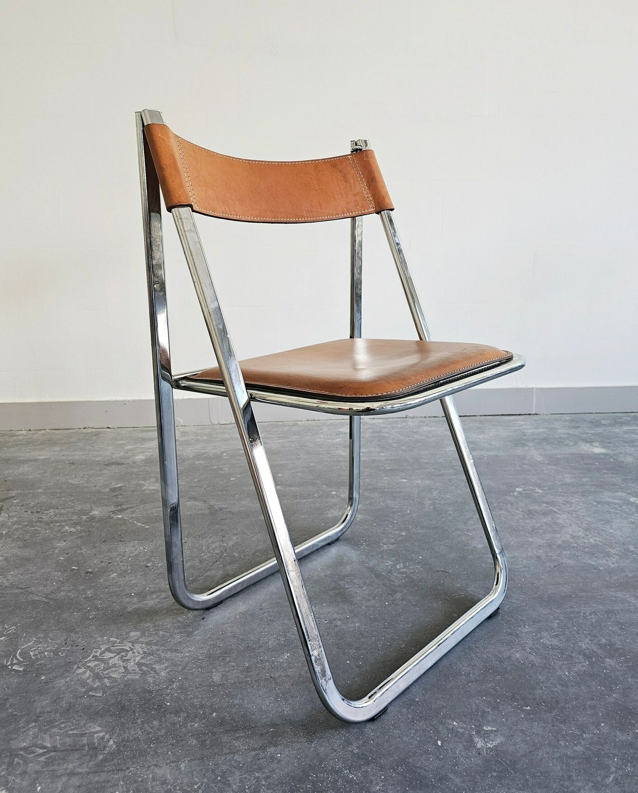 Pair Of Exceptionally Rare Postmodern Folding Chairs By Arrben, Model Tamara, With Cognac Leather // Made In Italy In 1970s photo furniture
