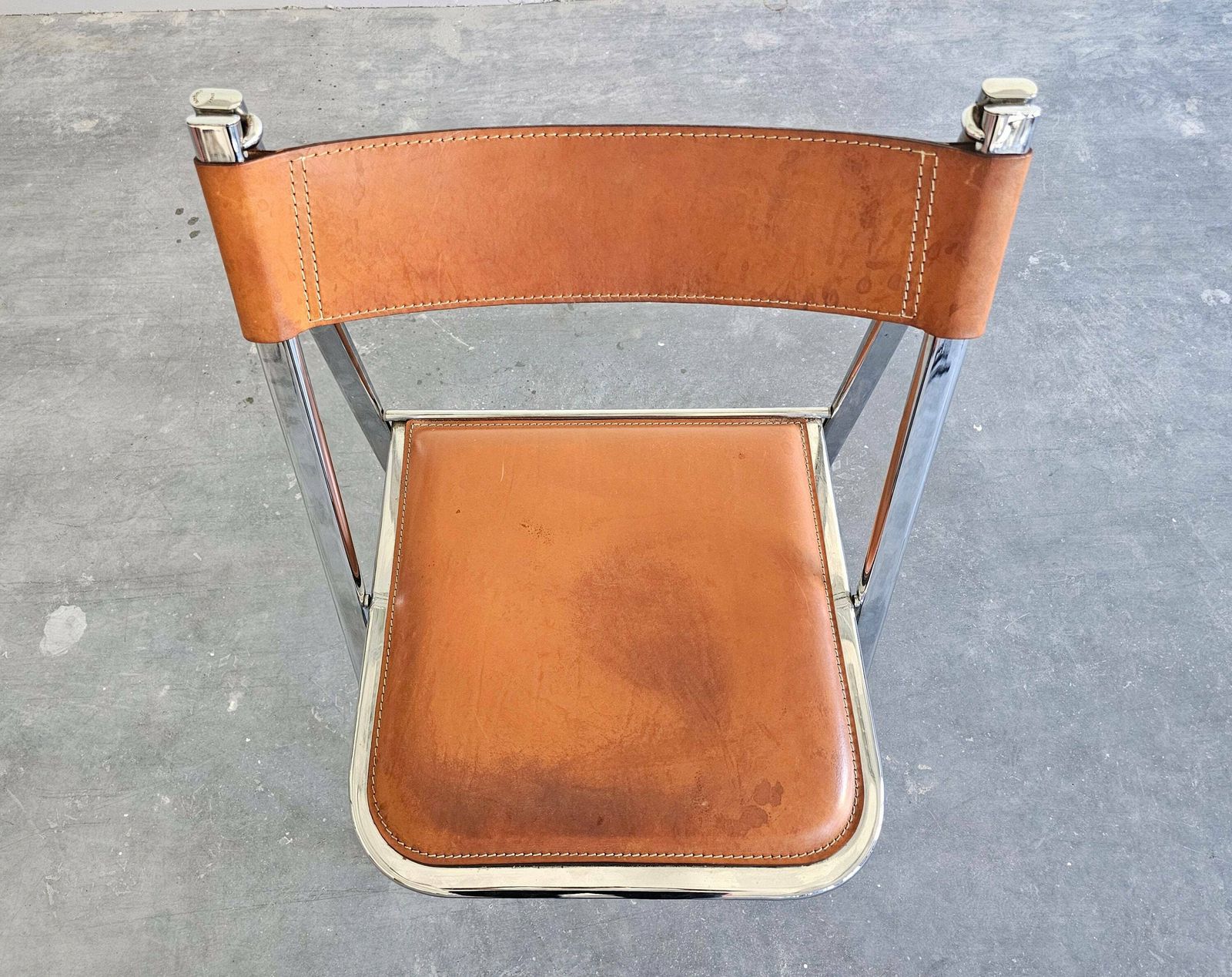 Pair Of Exceptionally Rare Postmodern Folding Chairs By Arrben, Model Tamara, With Cognac Leather // Made In Italy In 1970s photo for sale