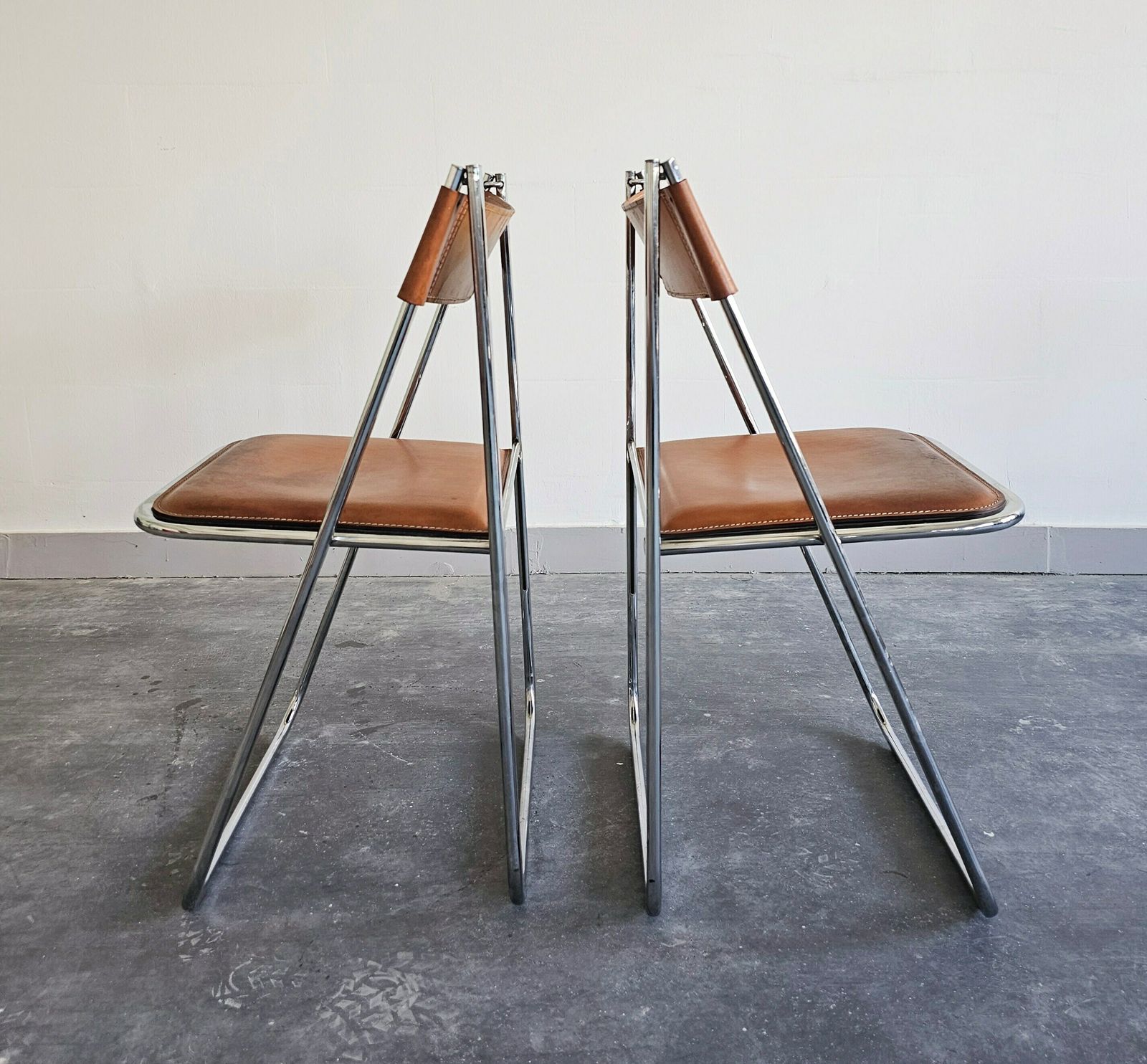 photo for sale Pair Of Exceptionally Rare Postmodern Folding Chairs By Arrben, Model Tamara, With Cognac Leather // Made In Italy In 1970s
