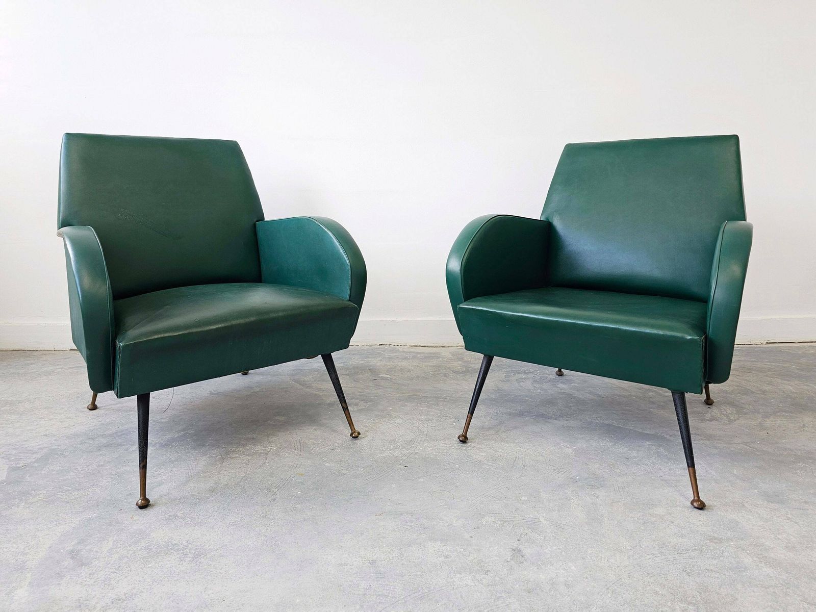 Pair Of Mid Century Modern Armchairs In Style Of Marco Zanuso, Upholstered In Vinyl // Made In Italy In 1950s