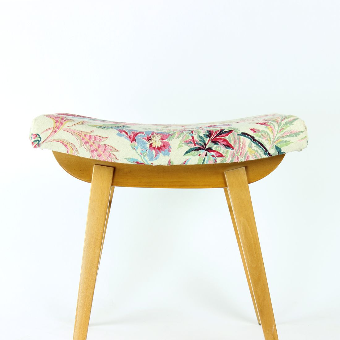 Midcentury Stool In Oak & Linen, Ton Czechoslovakia 1960s photo furniture