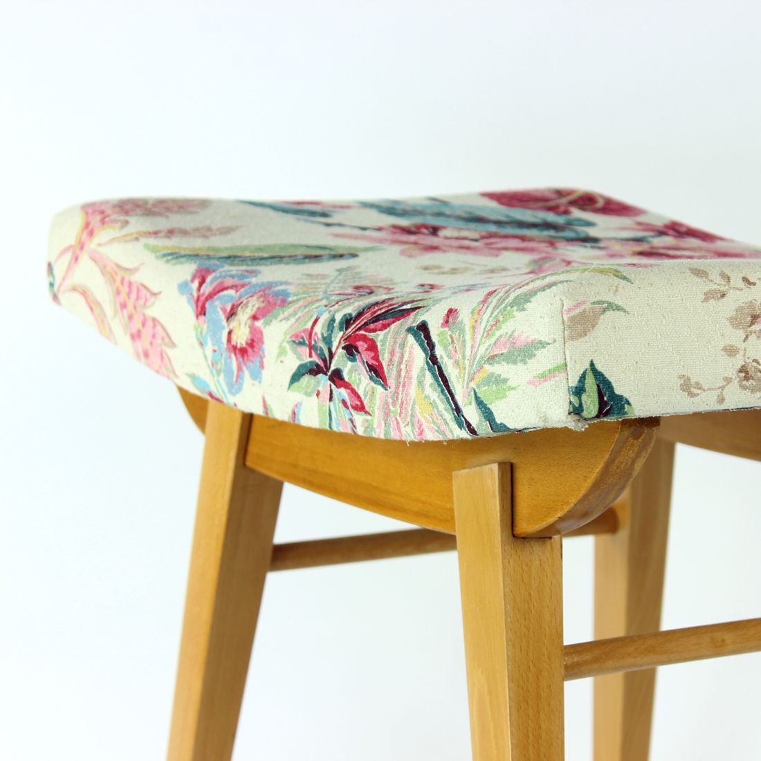 Midcentury Stool In Oak & Linen, Ton Czechoslovakia 1960s photo 180.0