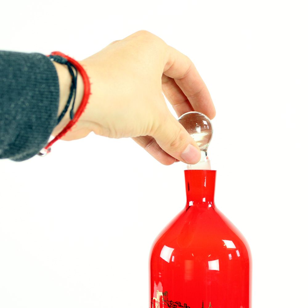 Midcentury Alcohol Bottle & Shots Set In Red Glass, Czechoslovakia Circa 1960s photo for sale