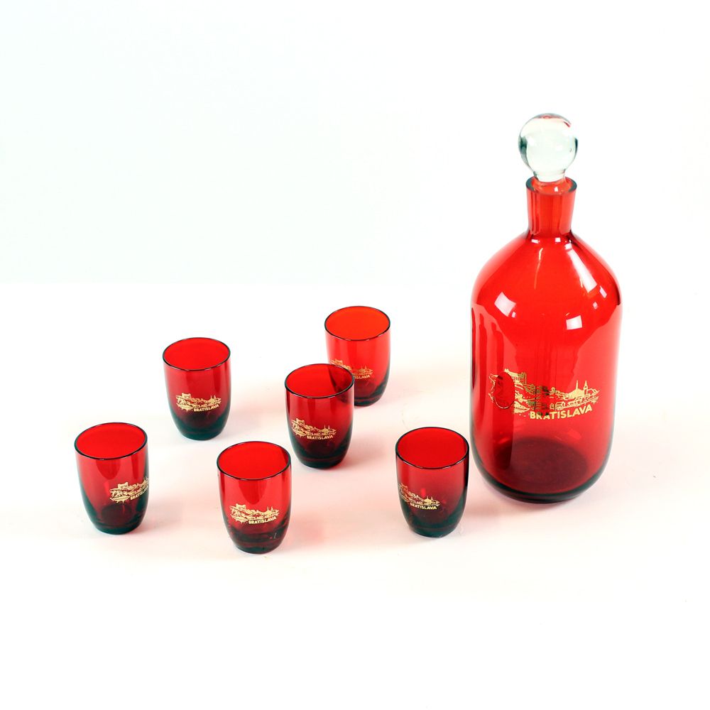 Midcentury Alcohol Bottle & Shots Set In Red Glass, Czechoslovakia Circa 1960s photo Woonaccessoires