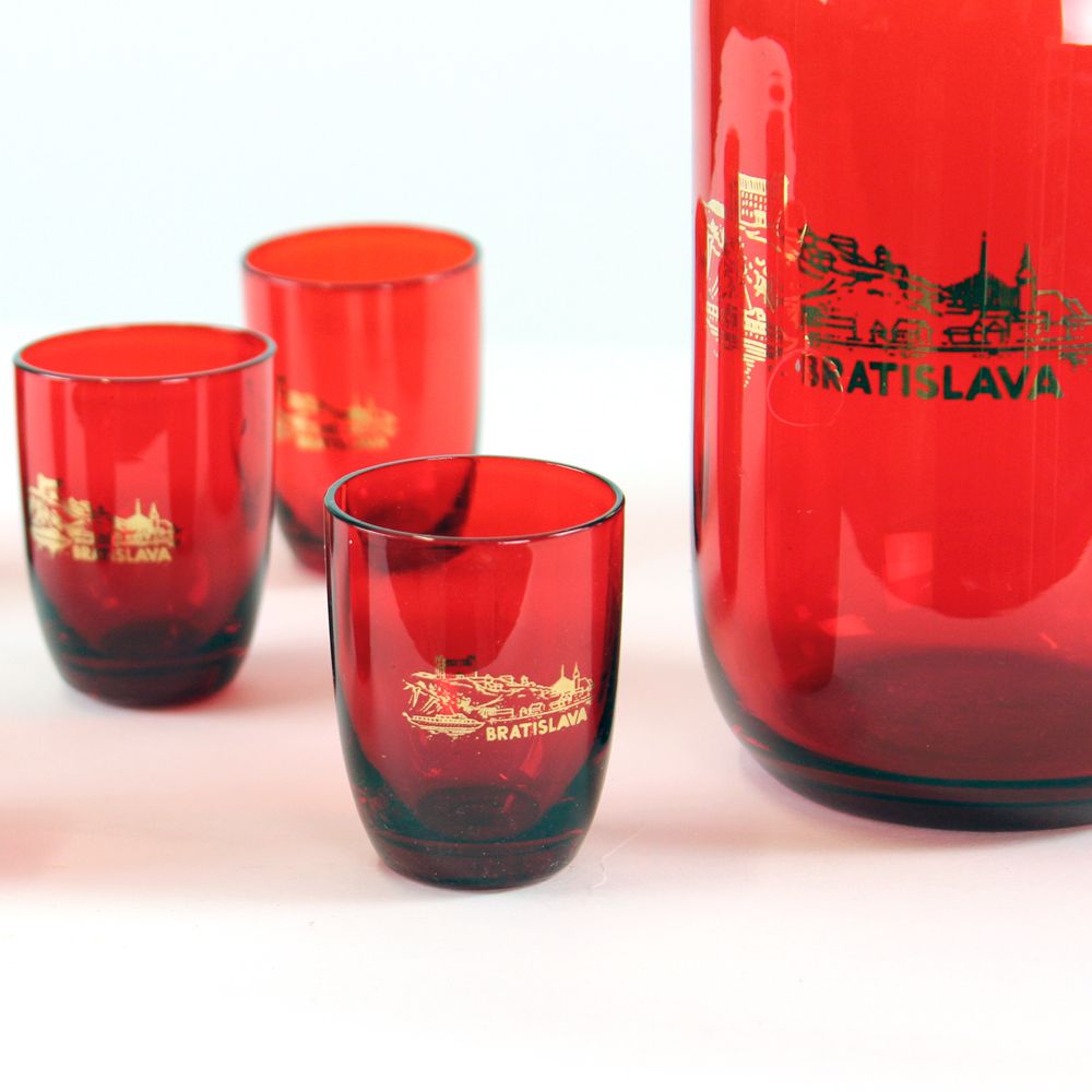Midcentury Alcohol Bottle & Shots Set In Red Glass, Czechoslovakia Circa 1960s photo buy