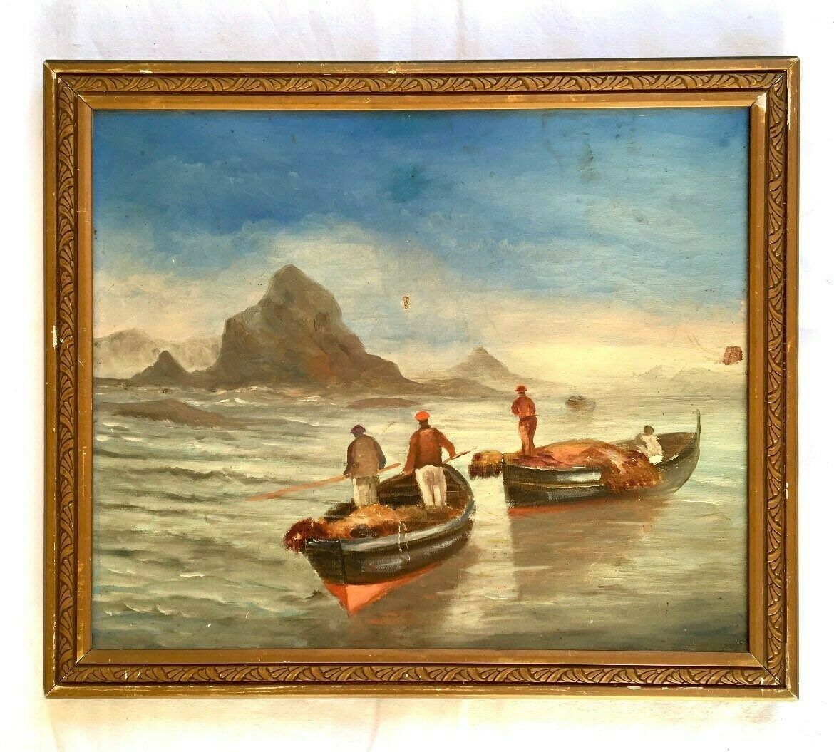 Charming 1920s French Oil Painting On Wood Panel Fishermen’s Boats On The Mediterranean Sea, French Riviera