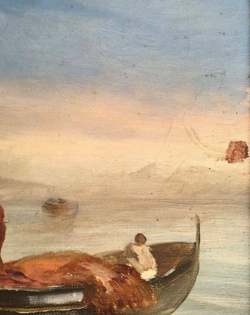 Charmant Frans Olieverfschilderij Op Houten Paneel Uit De Jaren 1920 – Vissersbootjes Op De Middellandse Zee, Franse Rivièra photo 2990.0