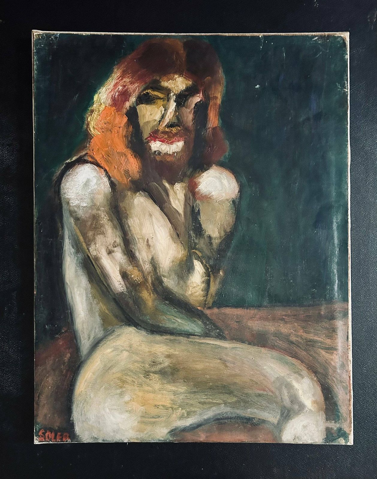 Expressive 1940s French Oil Painting On Canvas (Marouflage) Female Nude