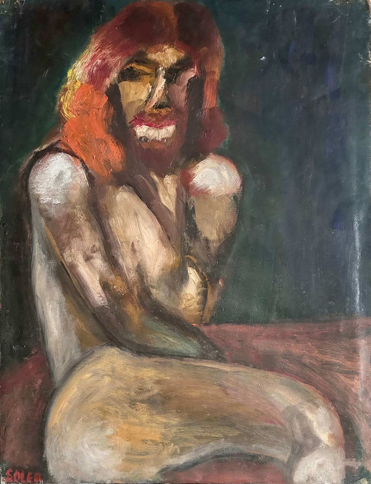 Expressive 1940s French Oil Painting On Canvas (Marouflage) Female Nude photo for sale