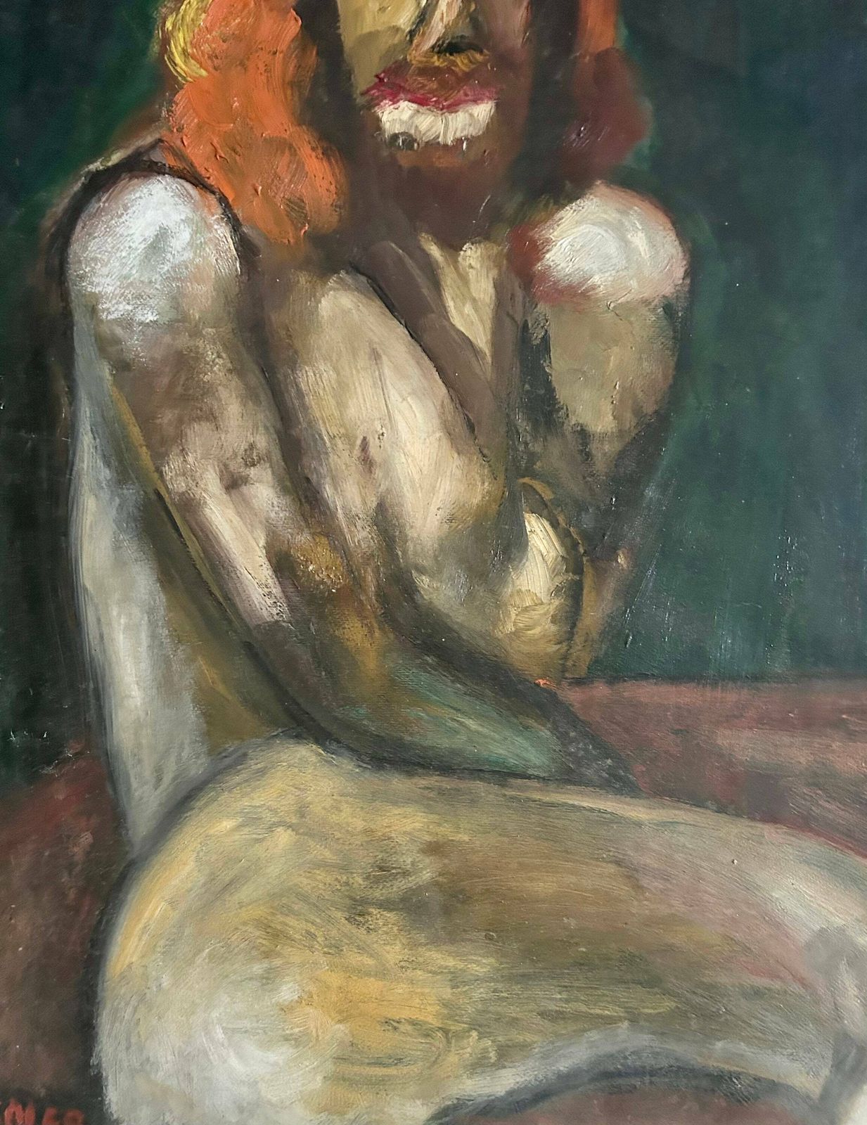 Expressive 1940s French Oil Painting On Canvas (Marouflage) Female Nude photo vinterior