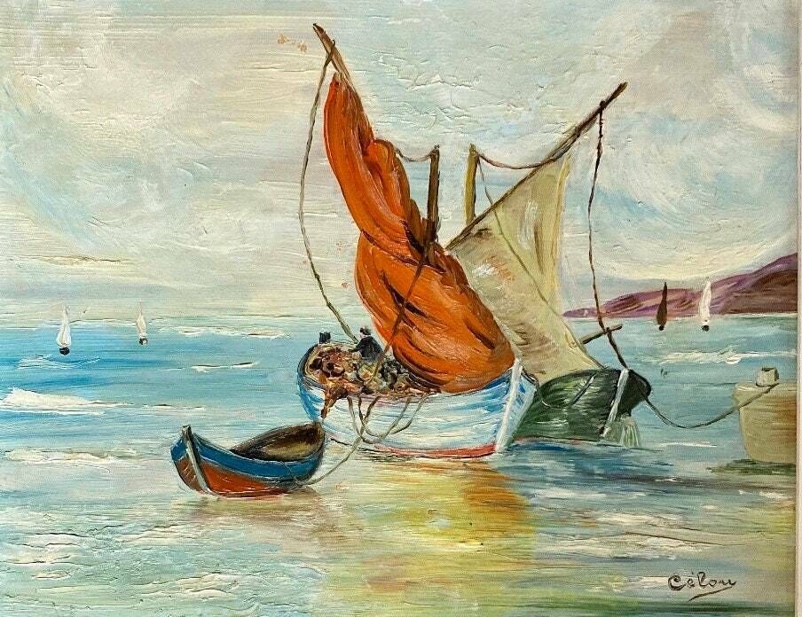 Elegant 1940s French Oil Painting On Panel Fishermen And Sailboats On The Mediterranean Coast, Southern France photo for sale