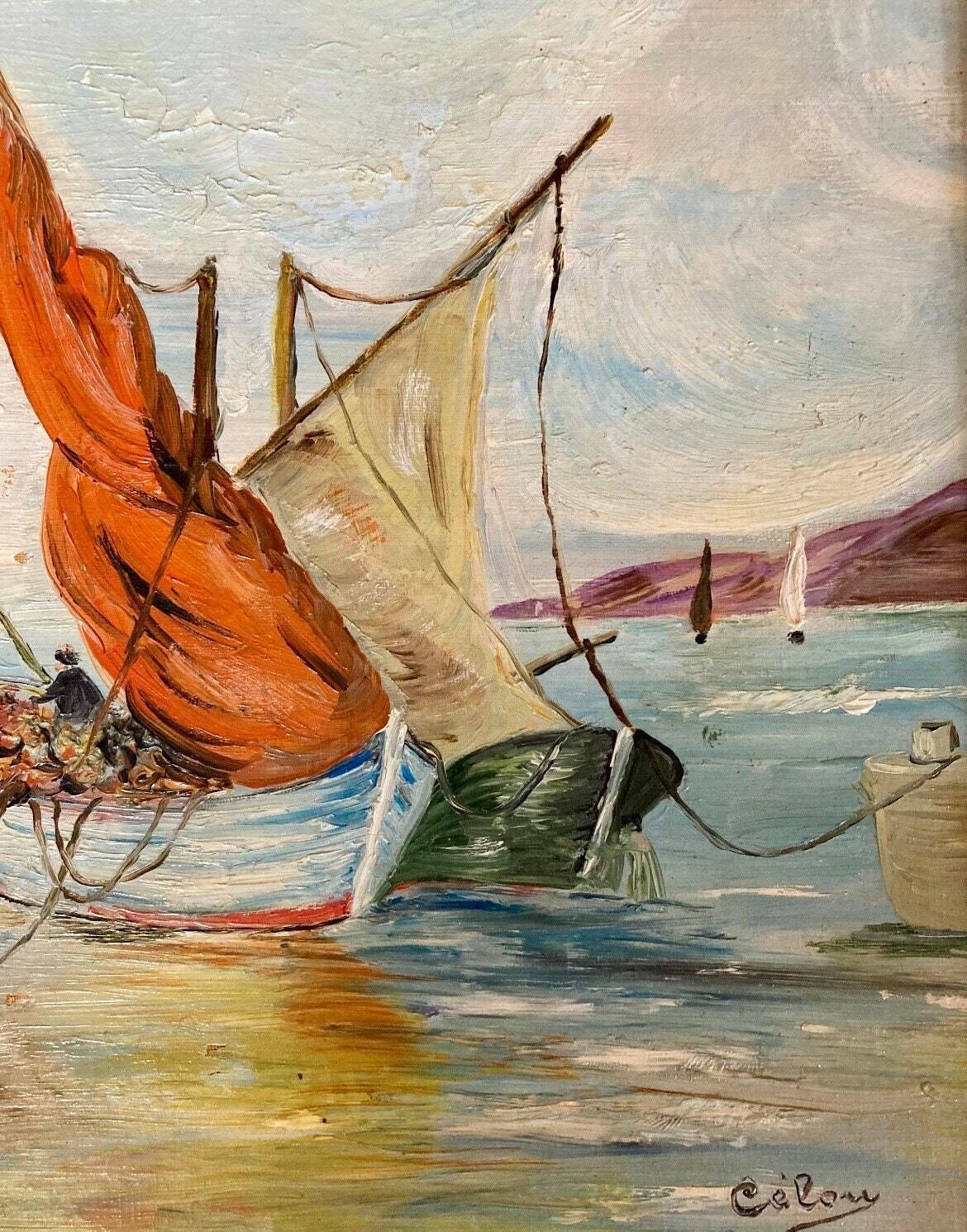 Elegant 1940s French Oil Painting On Panel Fishermen And Sailboats On The Mediterranean Coast, Southern France photo Art