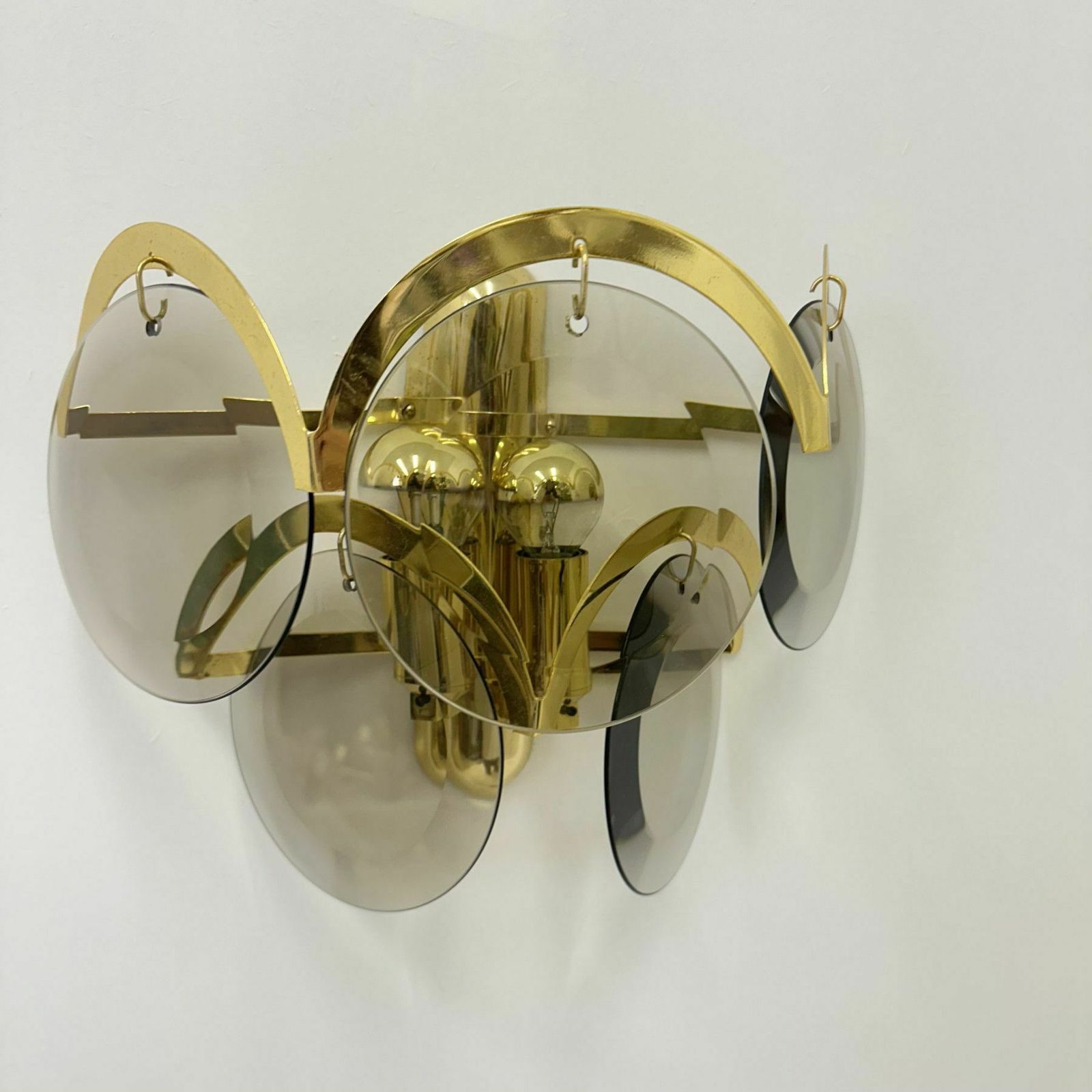 Pair Of Sciolari Sconces Smoked Glass , 1970s Wall Lamps photo for sale
