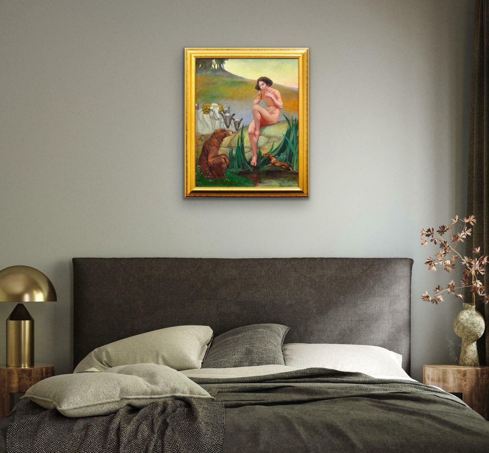 Pan, God Of Nature, Playing Panpipes: Mythological Nude With Animals. 1930s Oil Painting By Margaret Maitland Howard 1898 To 1983. Framed. photo buy