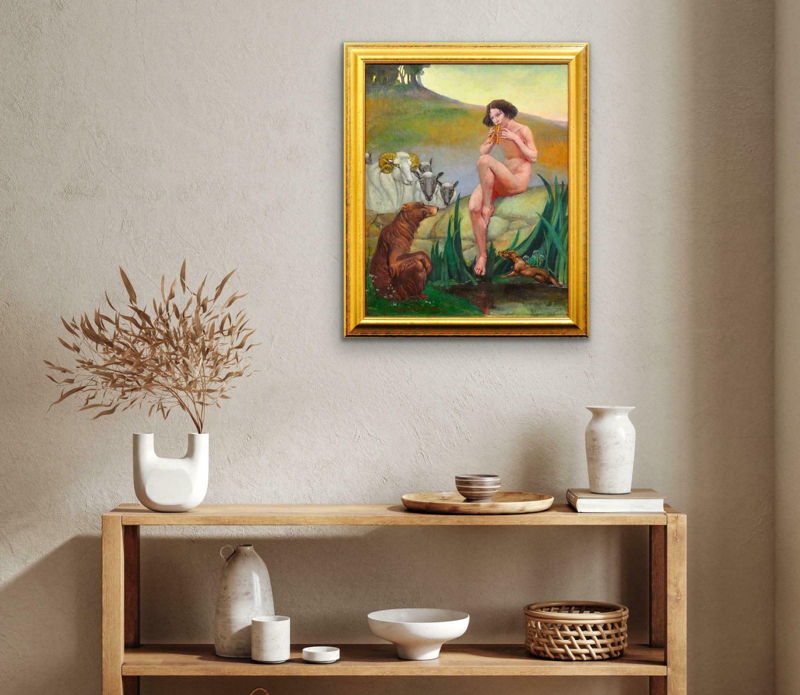 photo vinterior Pan, God Of Nature, Playing Panpipes: Mythological Nude With Animals. 1930s Oil Painting By Margaret Maitland Howard 1898 To 1983. Framed.