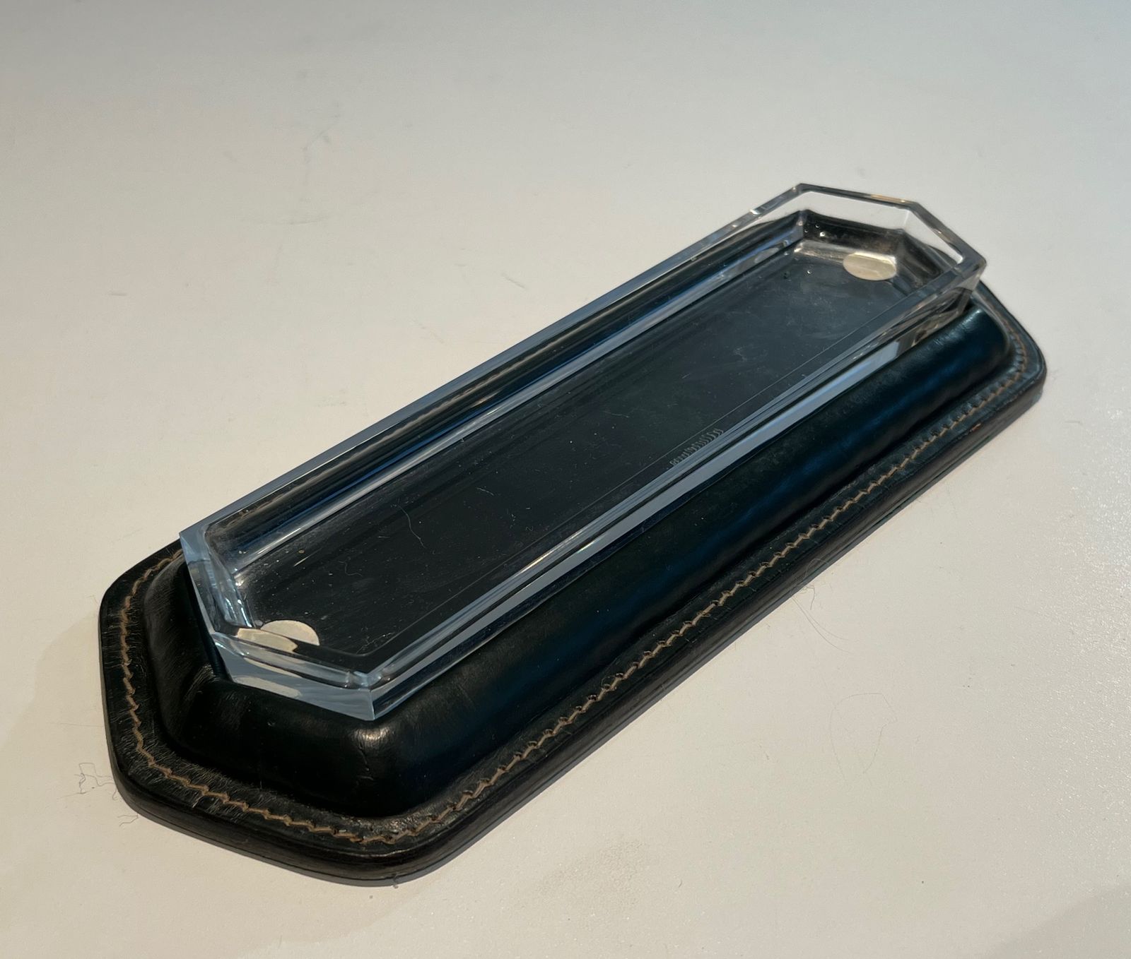 Cellier Stitched Dark Green Leather Pen Holder In The Style Of Jacques Adnet
