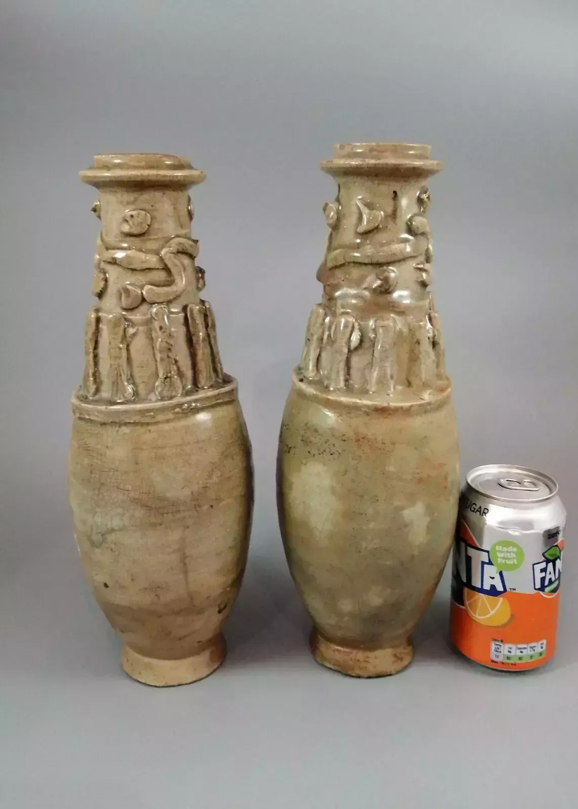 photo for sale Couple Of Antique Chinese Celadon Funeral Vases, Song Dynasty (960 To 1279).