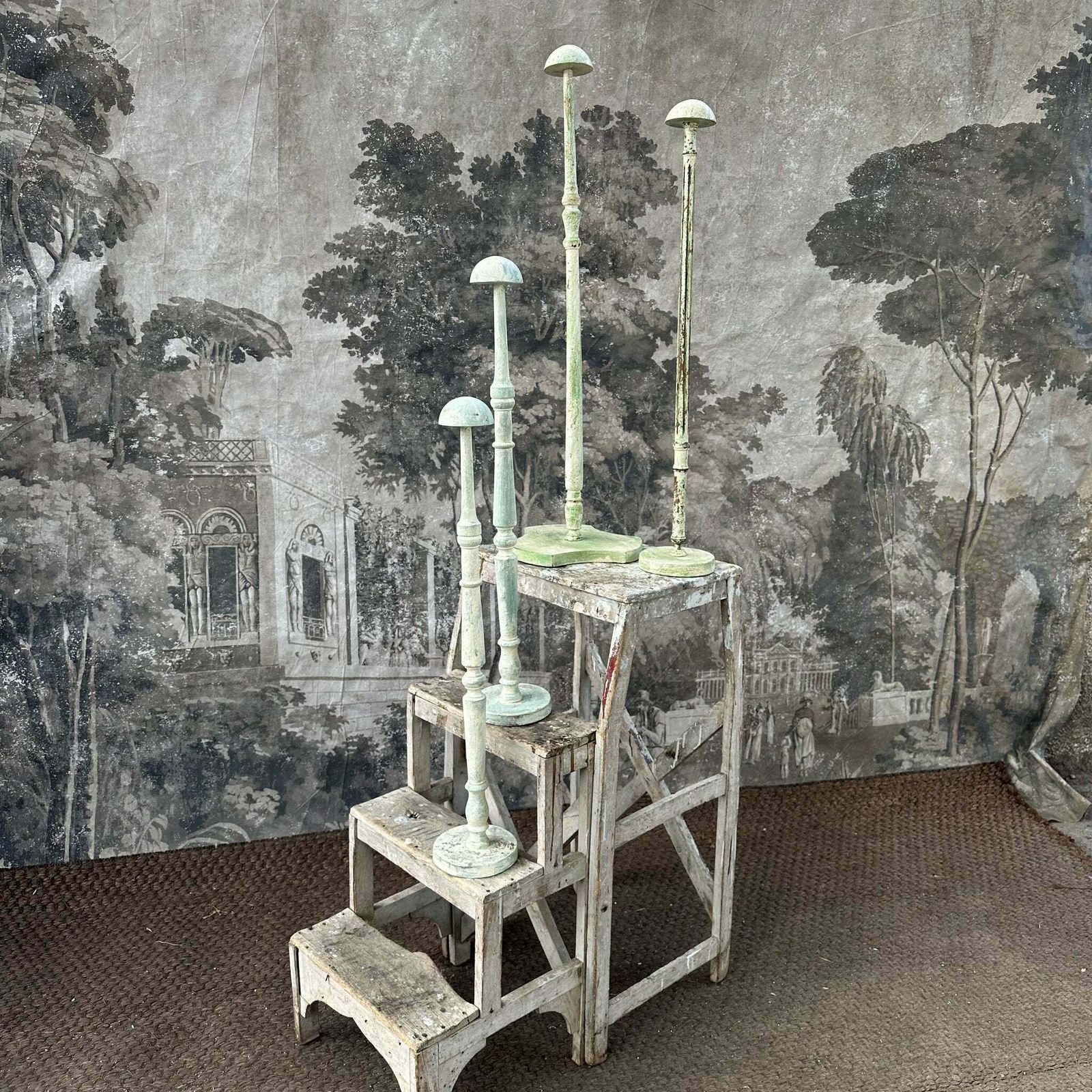 French Vintage Wooden Painted Wig/Hat Stand Collection Of 4