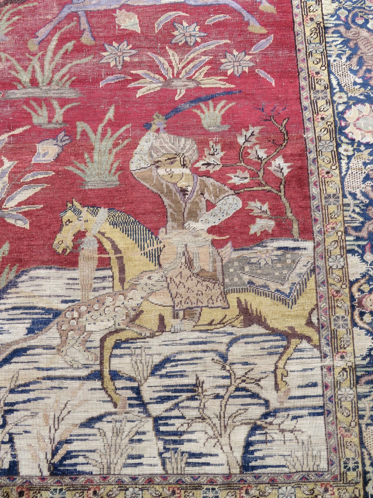 19th Century Turkish Pictorial (Hunting Scene) Silk Rug. West Anatolia. 171cm X 125cm. photo furniture