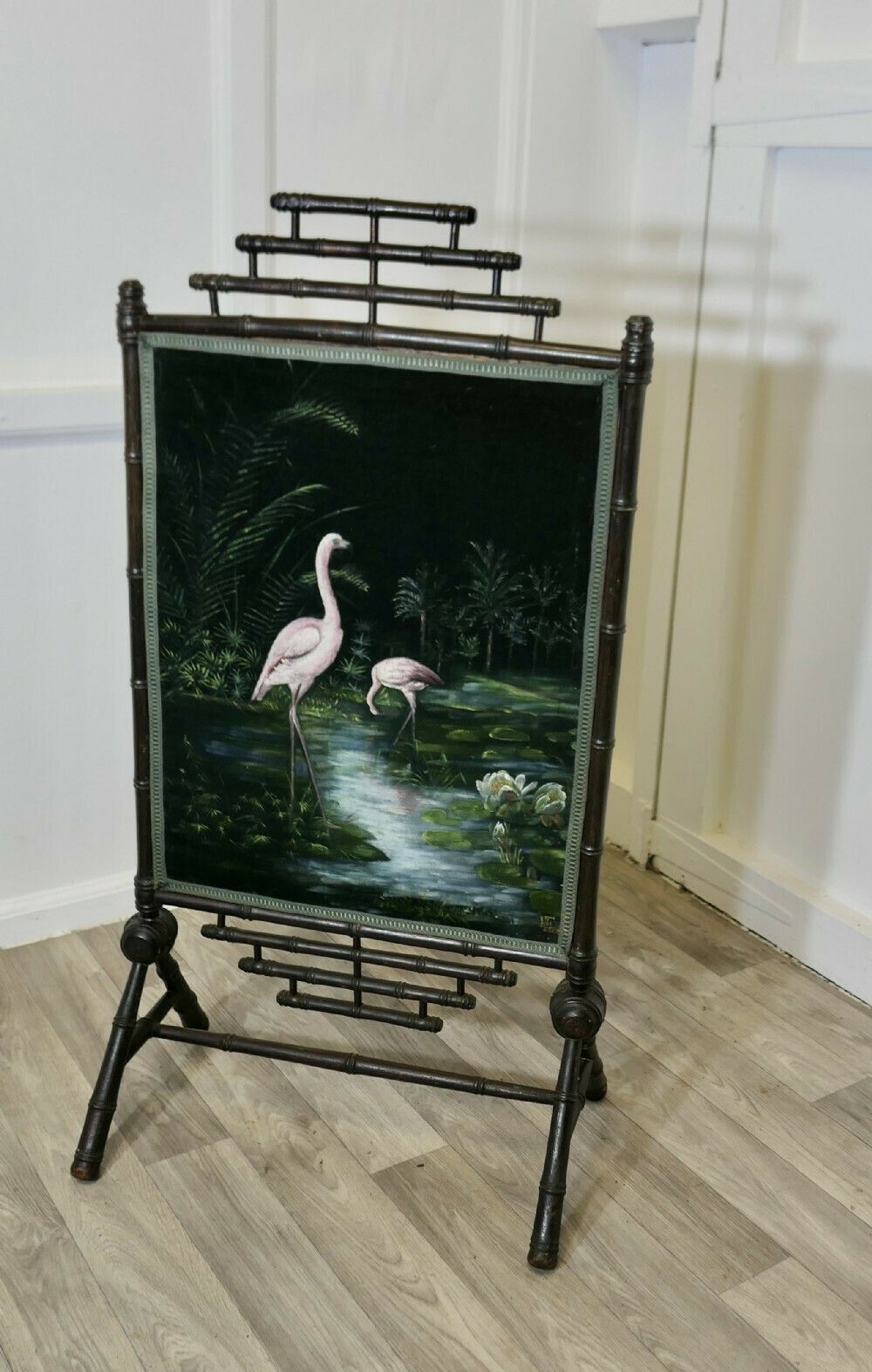 Black Lacquer Oriental Fire Screen, Painted With Flamingos