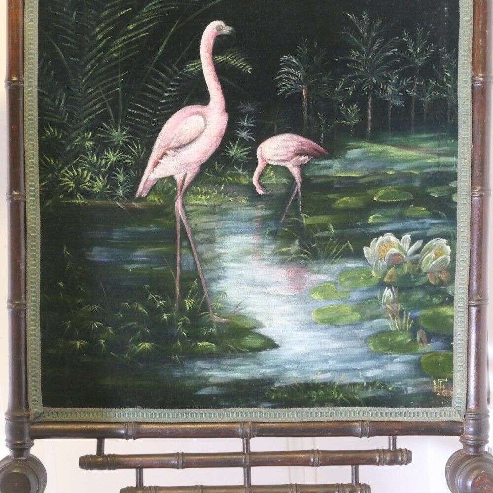 Black Lacquer Oriental Fire Screen, Painted With Flamingos photo vinterior