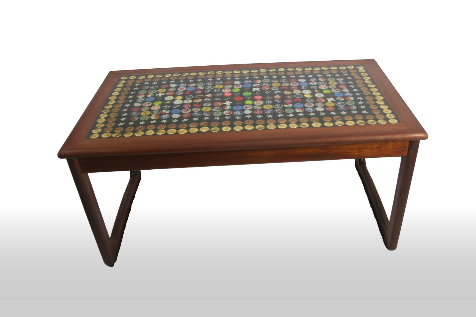 Up Cycled Mid Late Century Hard Wood Coffee Table, With Radially Repeating Decorative Inlay photo vintage