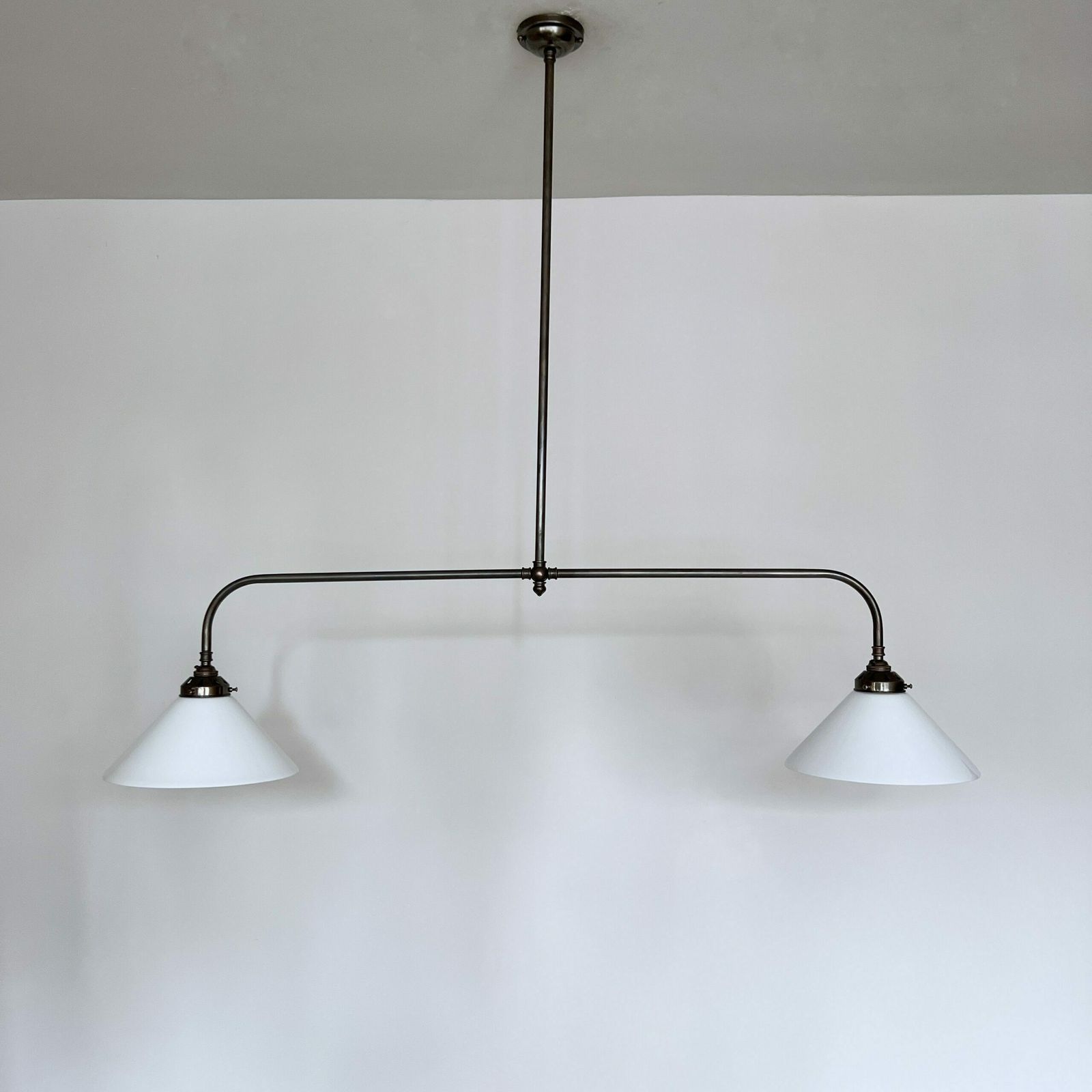 Newly Made Antique Brass Pendant With Galleries And White Conical Glass Shades