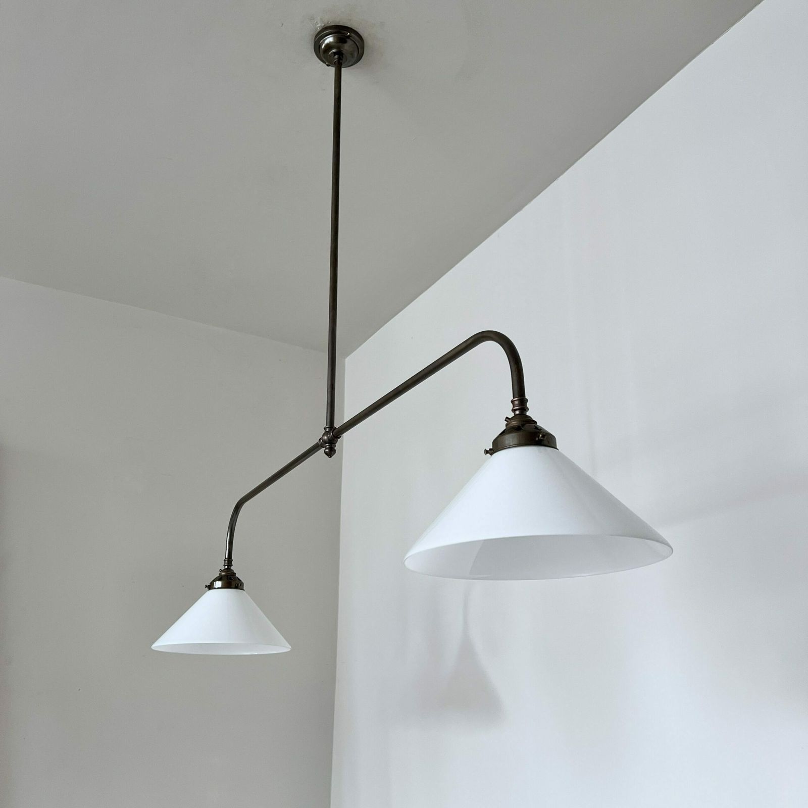 Newly Made Antique Brass Pendant With Galleries And White Conical Glass Shades photo for sale