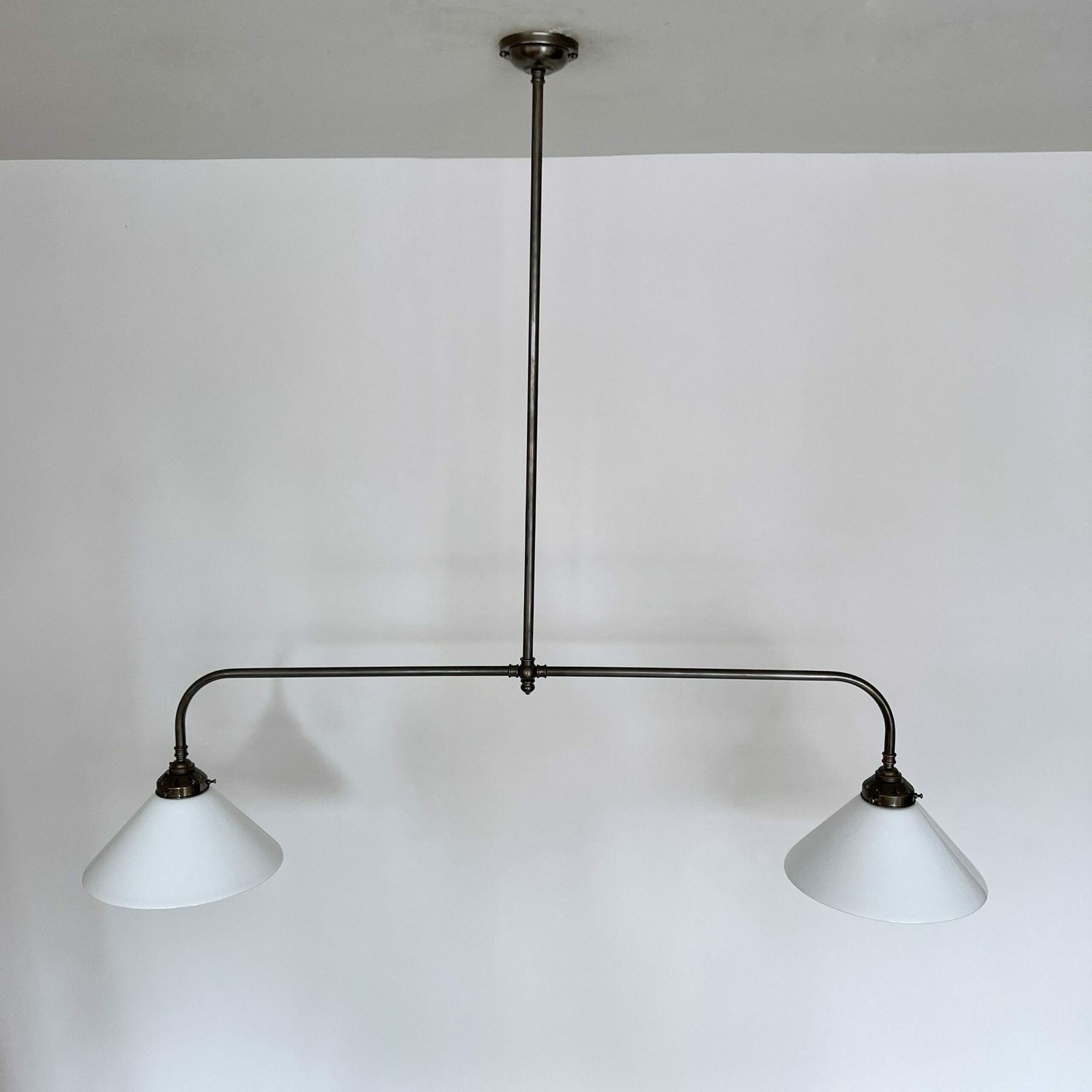 Newly Made Antique Brass Pendant With Galleries And White Conical Glass Shades photo Lighting