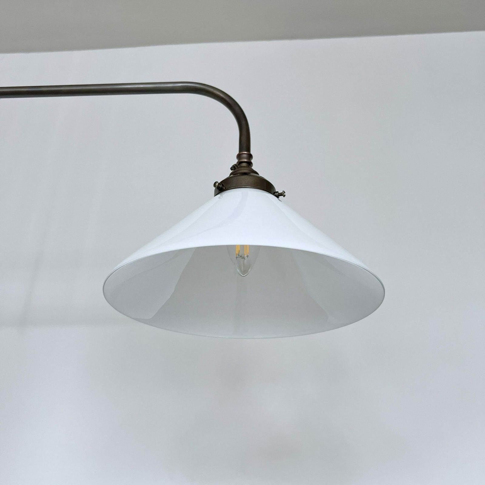 Newly Made Antique Brass Pendant With Galleries And White Conical Glass Shades photo vinterior