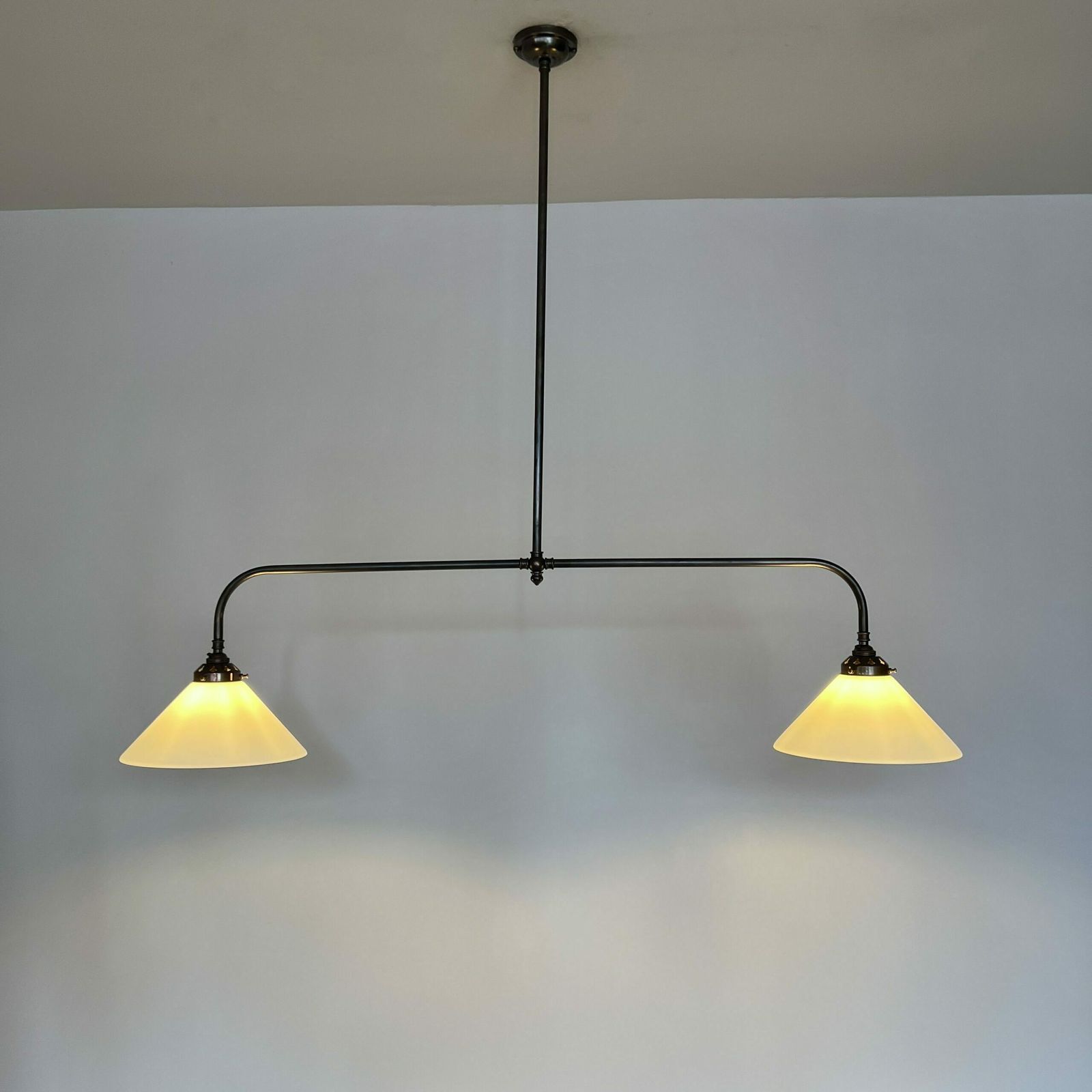 photo furniture Newly Made Antique Brass Pendant With Galleries And White Conical Glass Shades