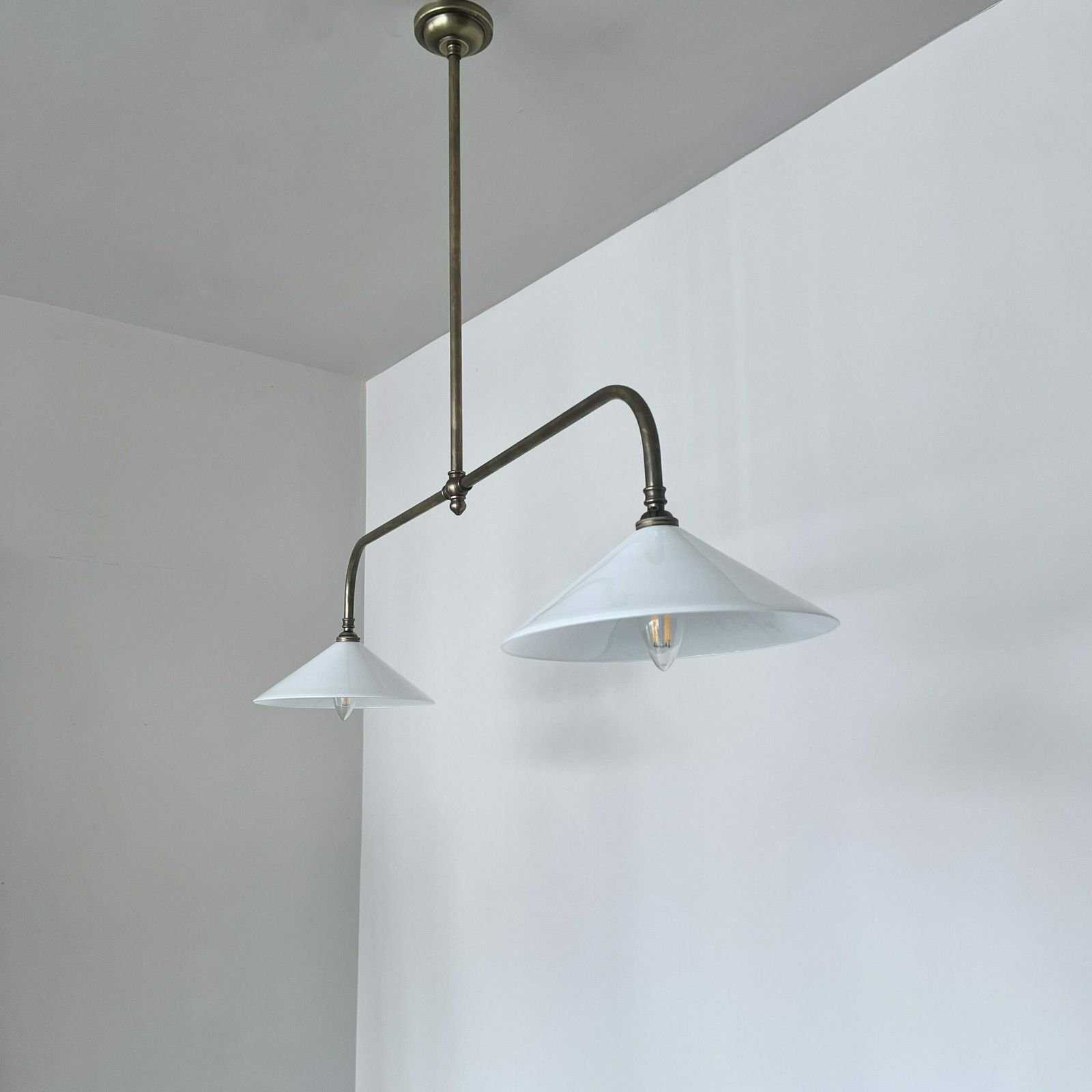 Newly Made Antique Brushed Brass Pendant With White Conical Glass Shades photo furniture