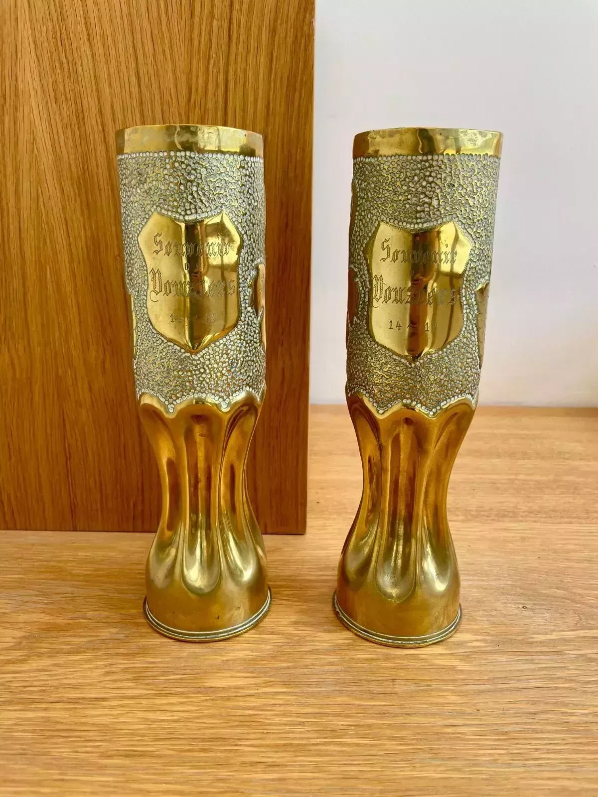 A Pair Of Brass Trench Art Vases With Vine Pattern "Souvenir De Vouziers 14 19" photo furniture
