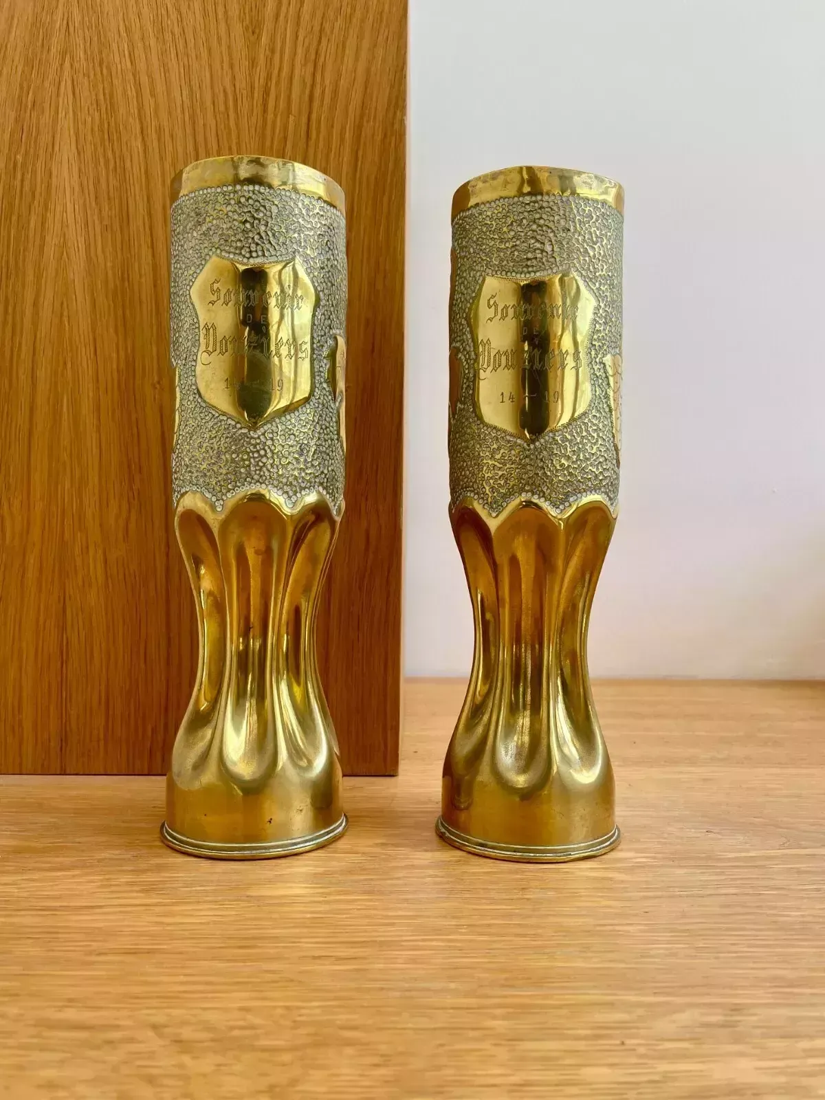 A Pair Of Brass Trench Art Vases With Vine Pattern "Souvenir De Vouziers 14 19" photo Home Decor