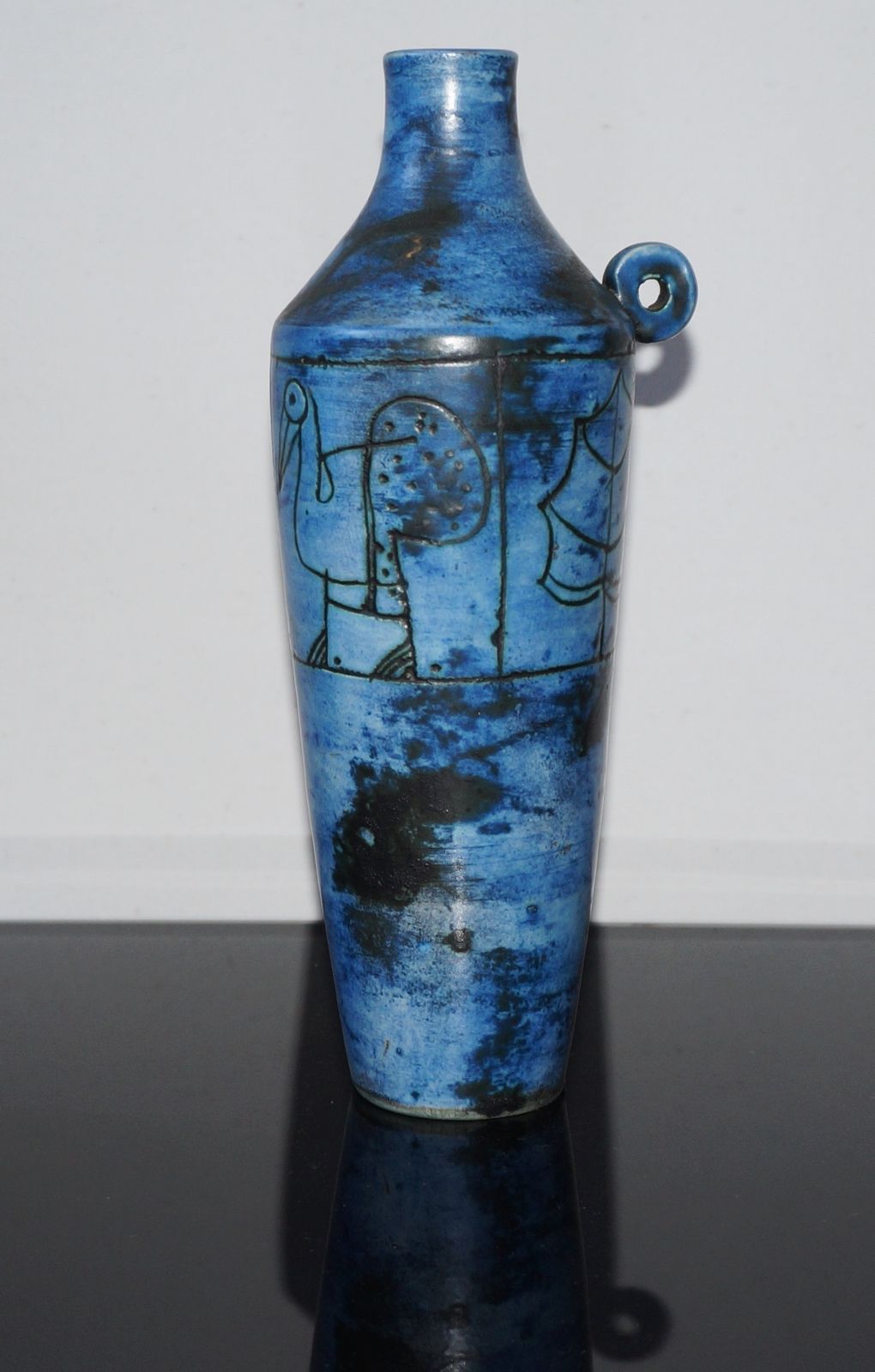 Jacques Blin Midcentury French Studio Pottery Vase With Incised Bird Decoration
