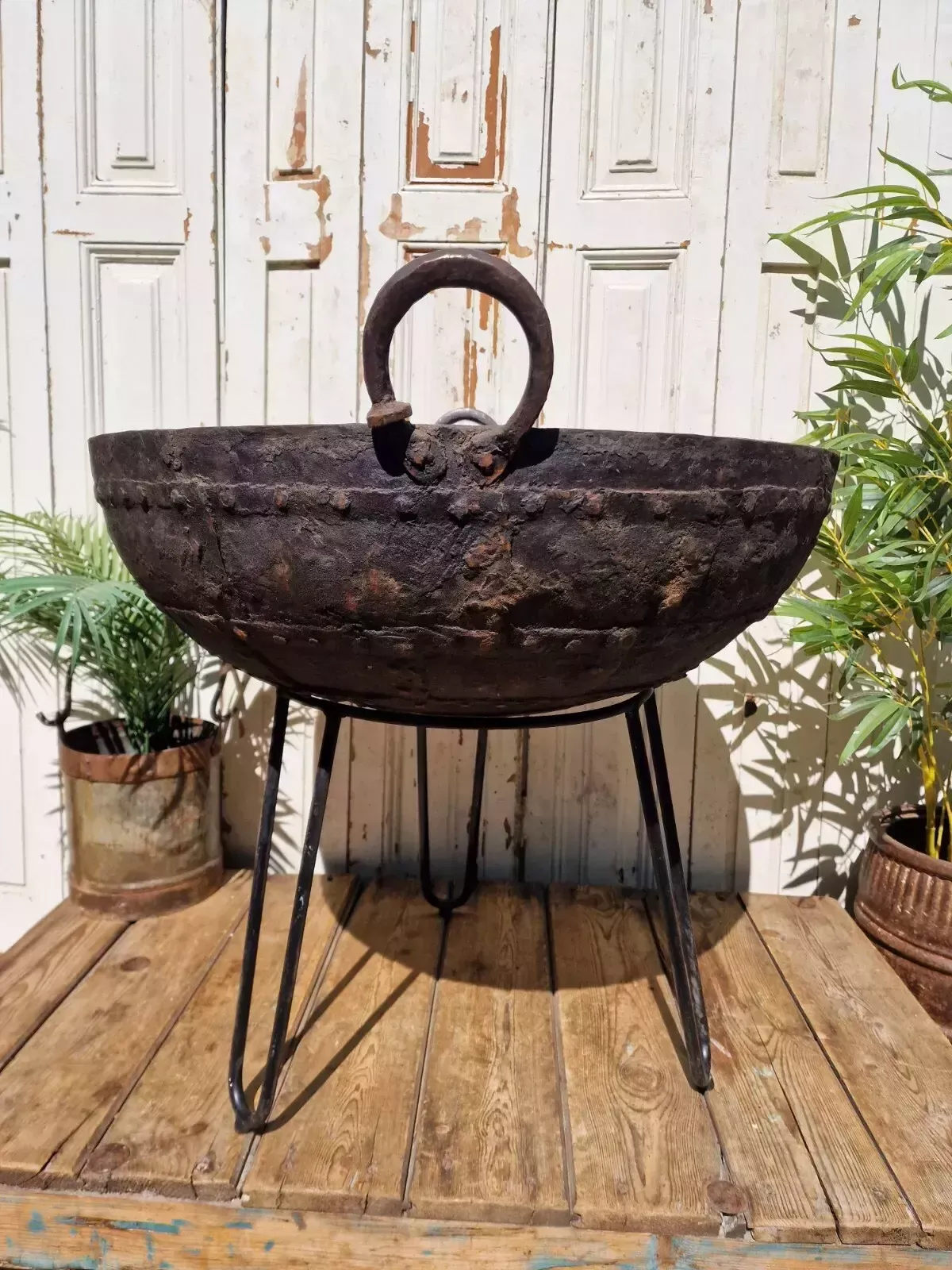 Large Antique Original Indian Kadai Fire Pit Bbq Drinks Ice Cooler Planter photo vintage