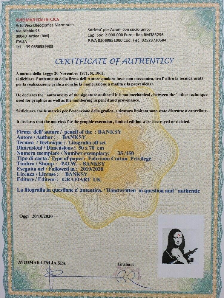 Banksy Mona Lisa   Certificate (Banksy Wall Art, Banksy Lithograph, Banksy Gift, photo for sale