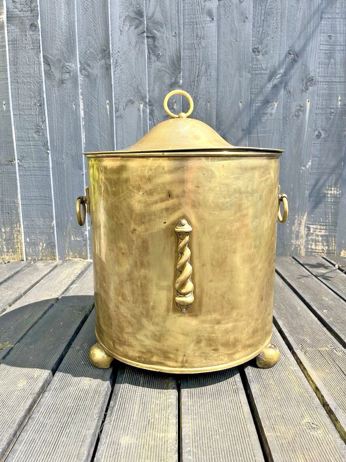 Large Antique 30's Art Deco Brass Lidded Coal Log Box Storage Bucket Bin Vintage photo for sale
