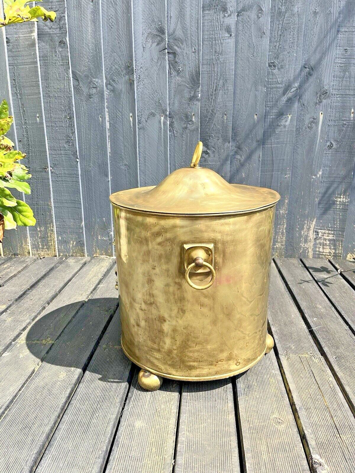 Large Antique 30's Art Deco Brass Lidded Coal Log Box Storage Bucket Bin Vintage photo 160.0