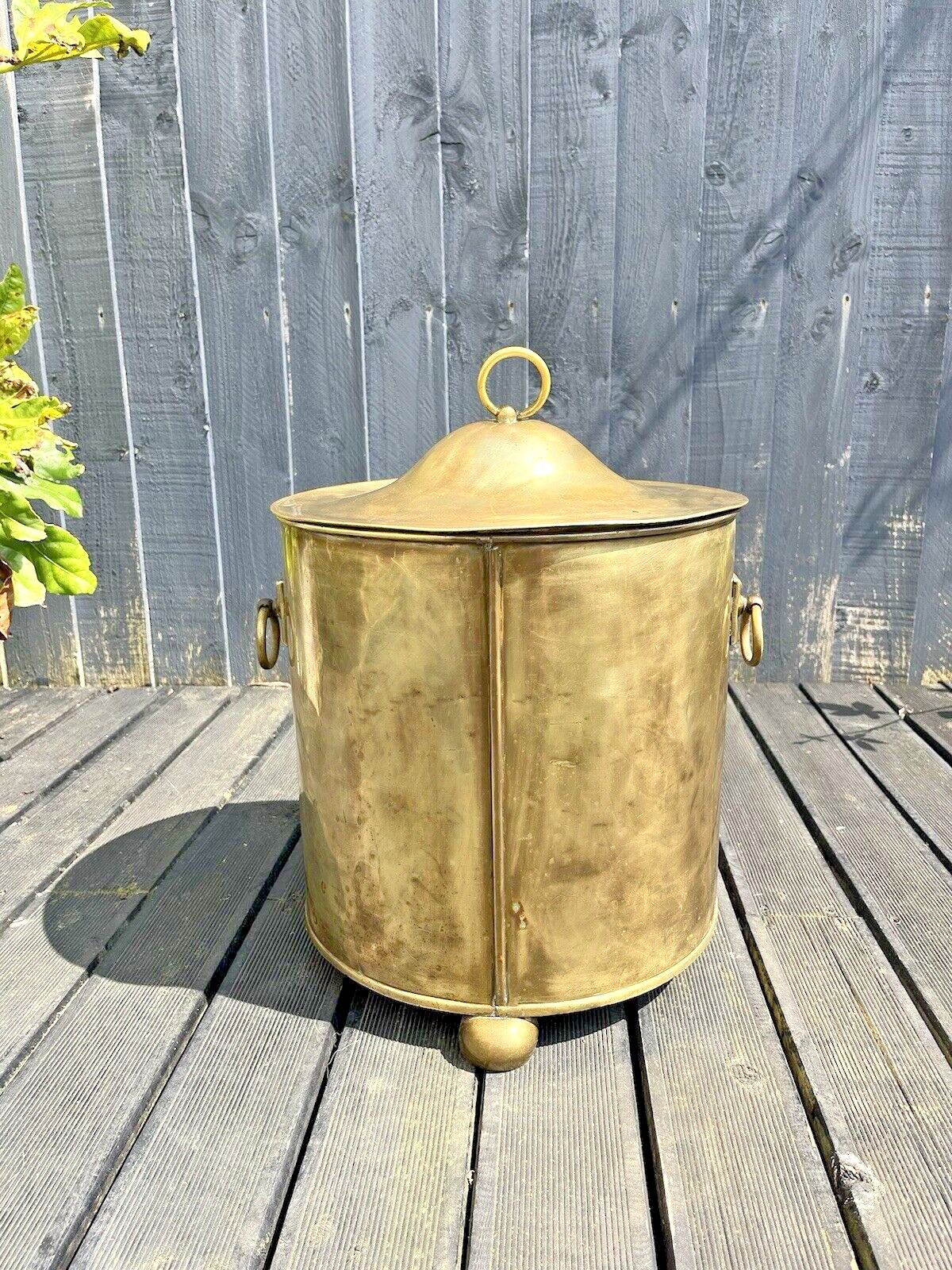 Large Antique 30's Art Deco Brass Lidded Coal Log Box Storage Bucket Bin Vintage photo vinterior