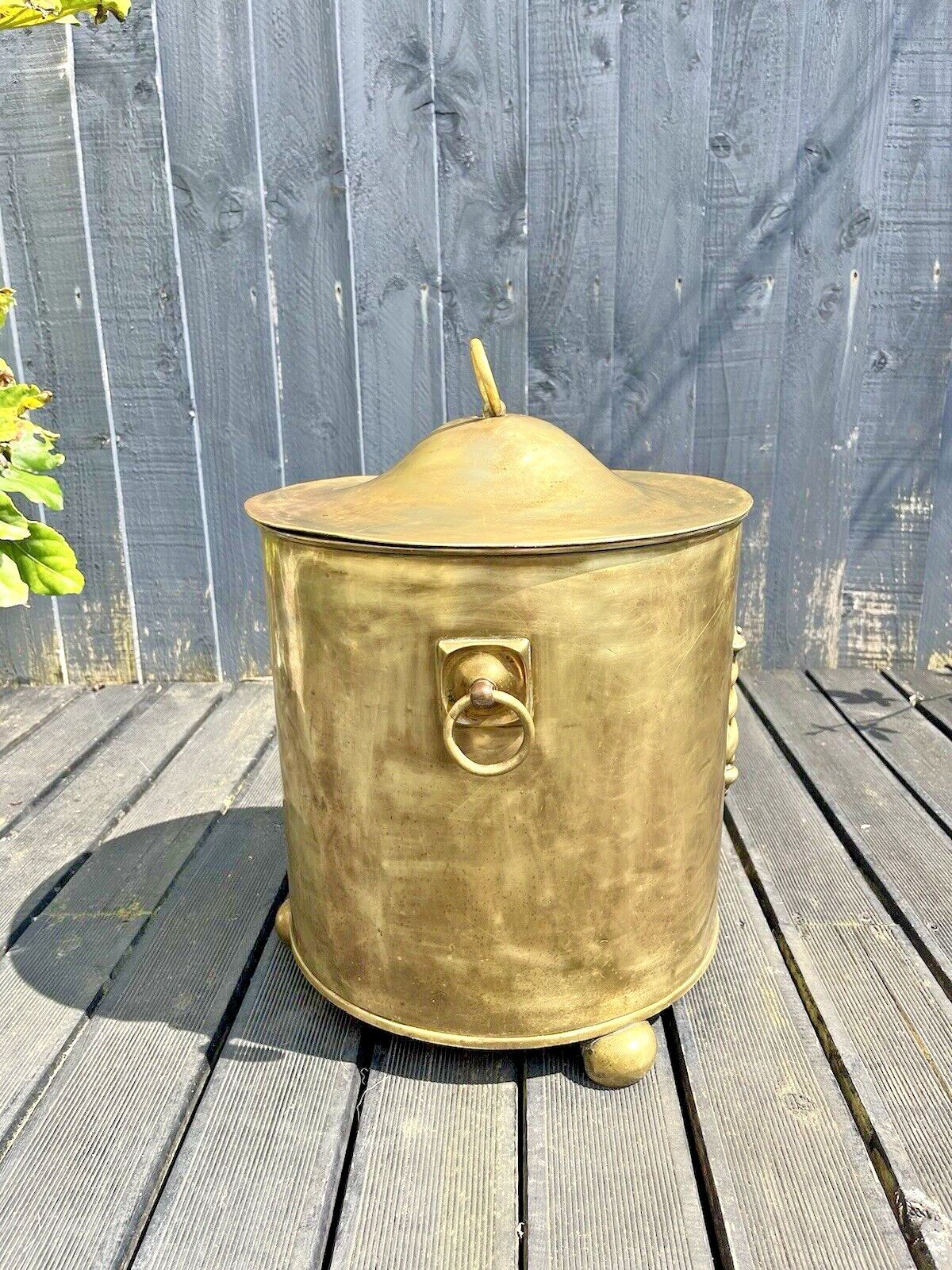 Large Antique 30's Art Deco Brass Lidded Coal Log Box Storage Bucket Bin Vintage photo buy