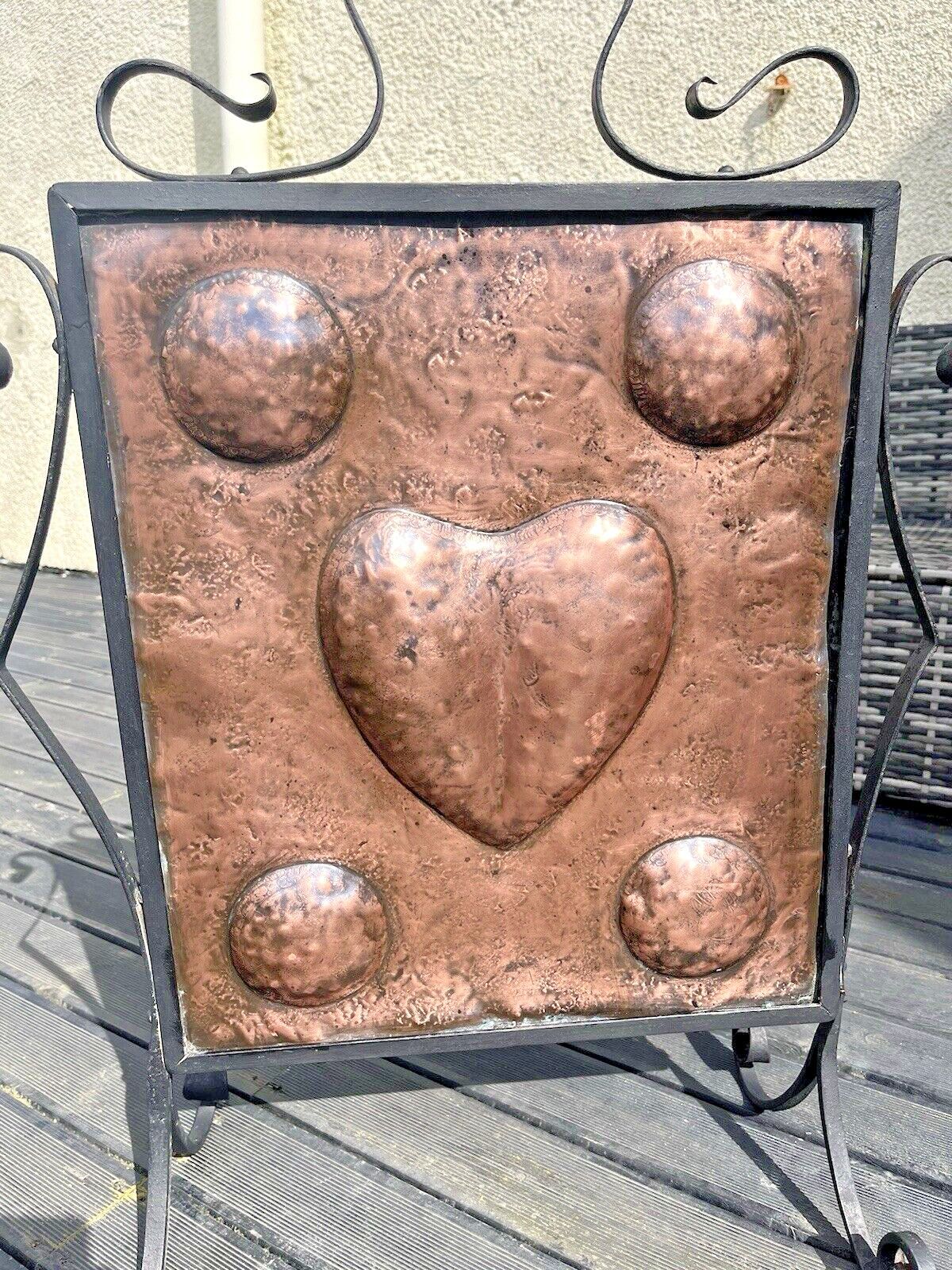 Antique Art Nouveau Heart & Roundel Copper & Wrought Iron Fire Guard Screen Af photo for sale