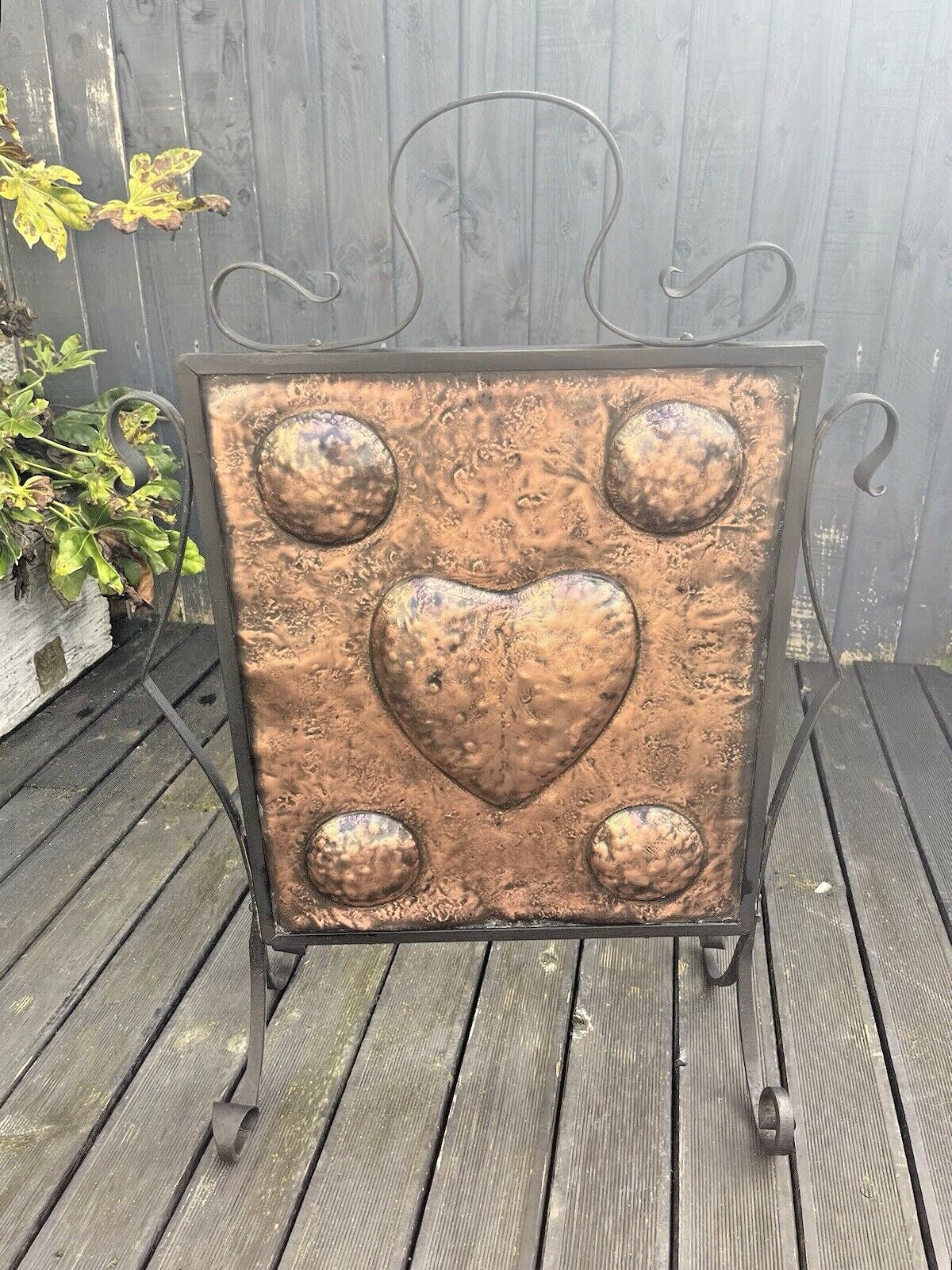 295.0 Antique Art Nouveau Heart & Roundel Copper & Wrought Iron Fire Guard Screen Af photo