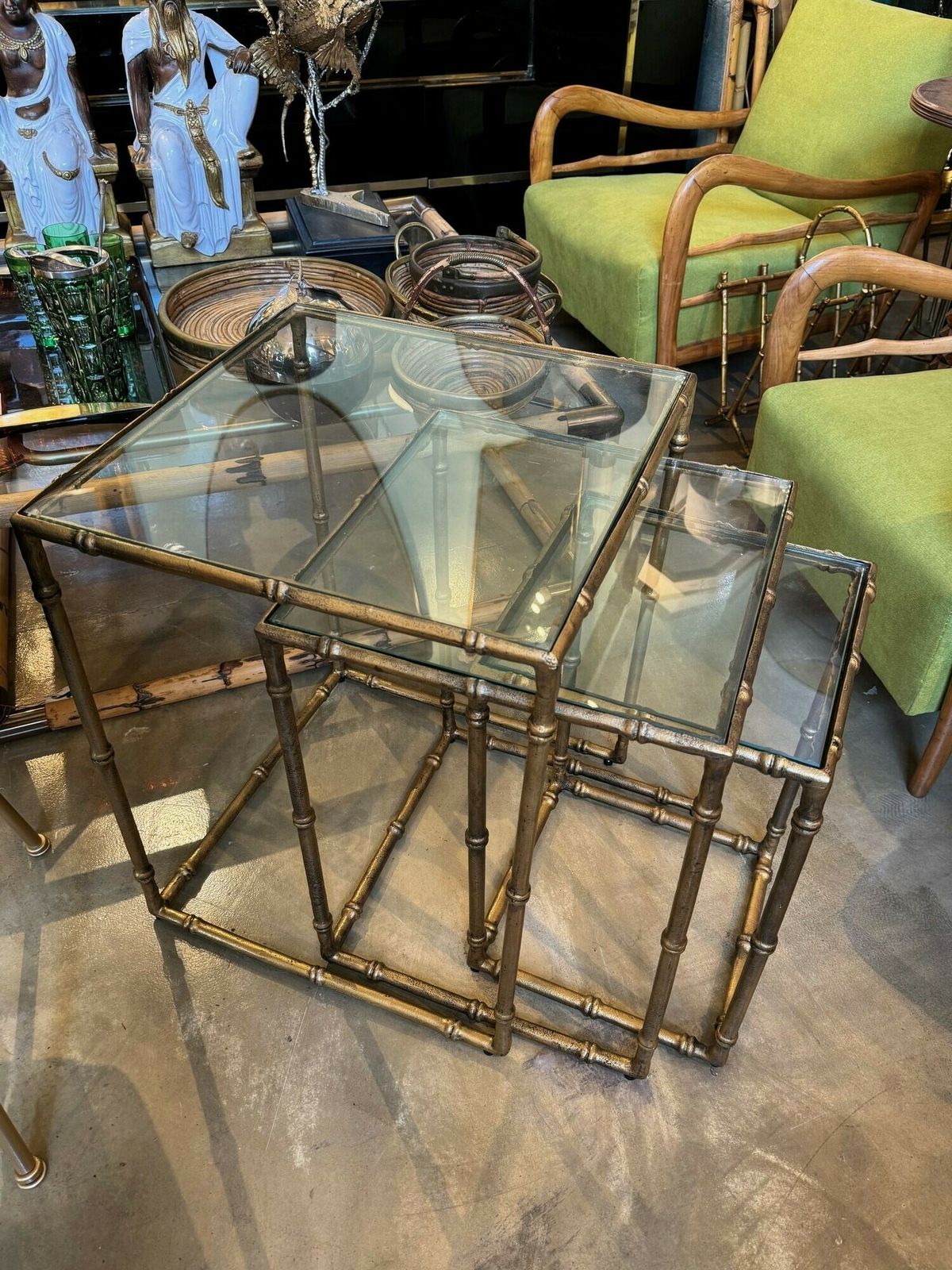 Furniture A Set Of Three French 1970s Faux Bamboo Gilt Metal Nest Of Tables, With Glass Shelves photo