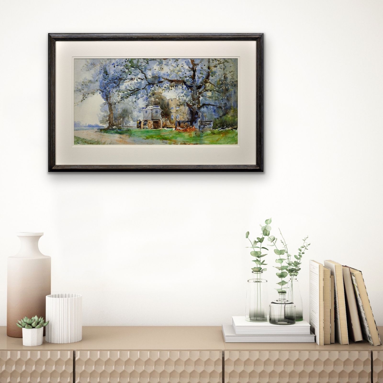 2345.0 Edgar Woollatt 1871 To 1931. Romany Gypsy Caravan At The Round House, Clifton Lane, Wilford, Nottingham Circa 1910. Framed Watercolour Painting. photo