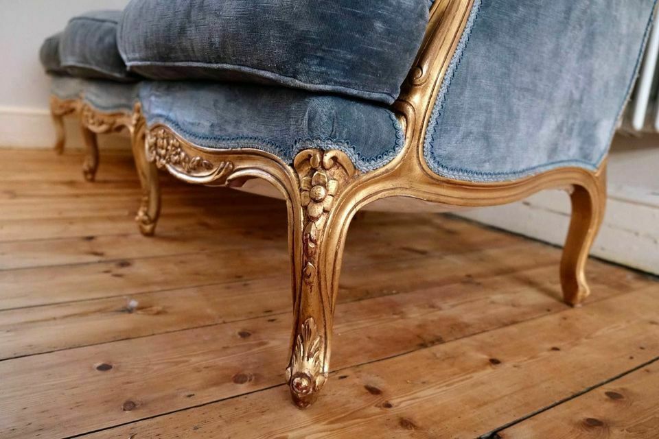 Vintage Style Sofa In Steel Blue Velvet photo vintage